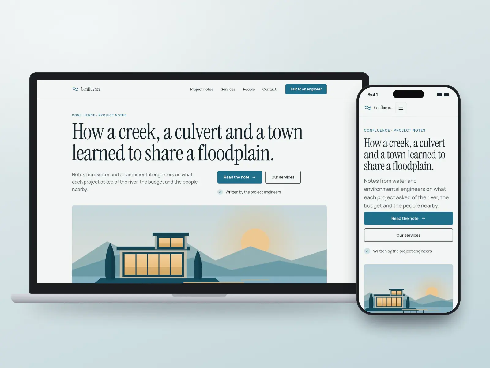 Confluence Water Engineering, a river blue and silt editorial engineering website with a long serif headline above a wide illustration of a river at evening, on a laptop and a phone.