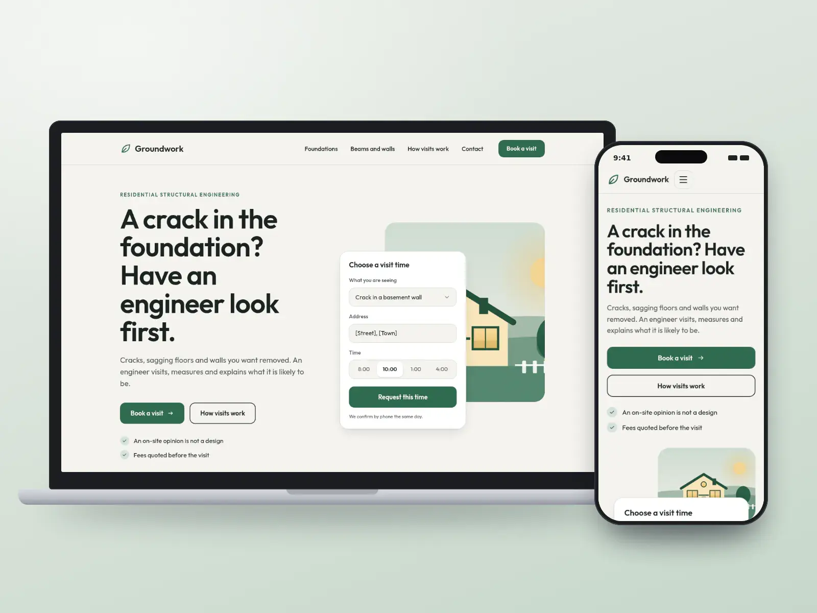 Groundwork Structural, a limestone and forest engineering website with a site visit booking card beside an illustration of a family home, on a laptop and a phone.
