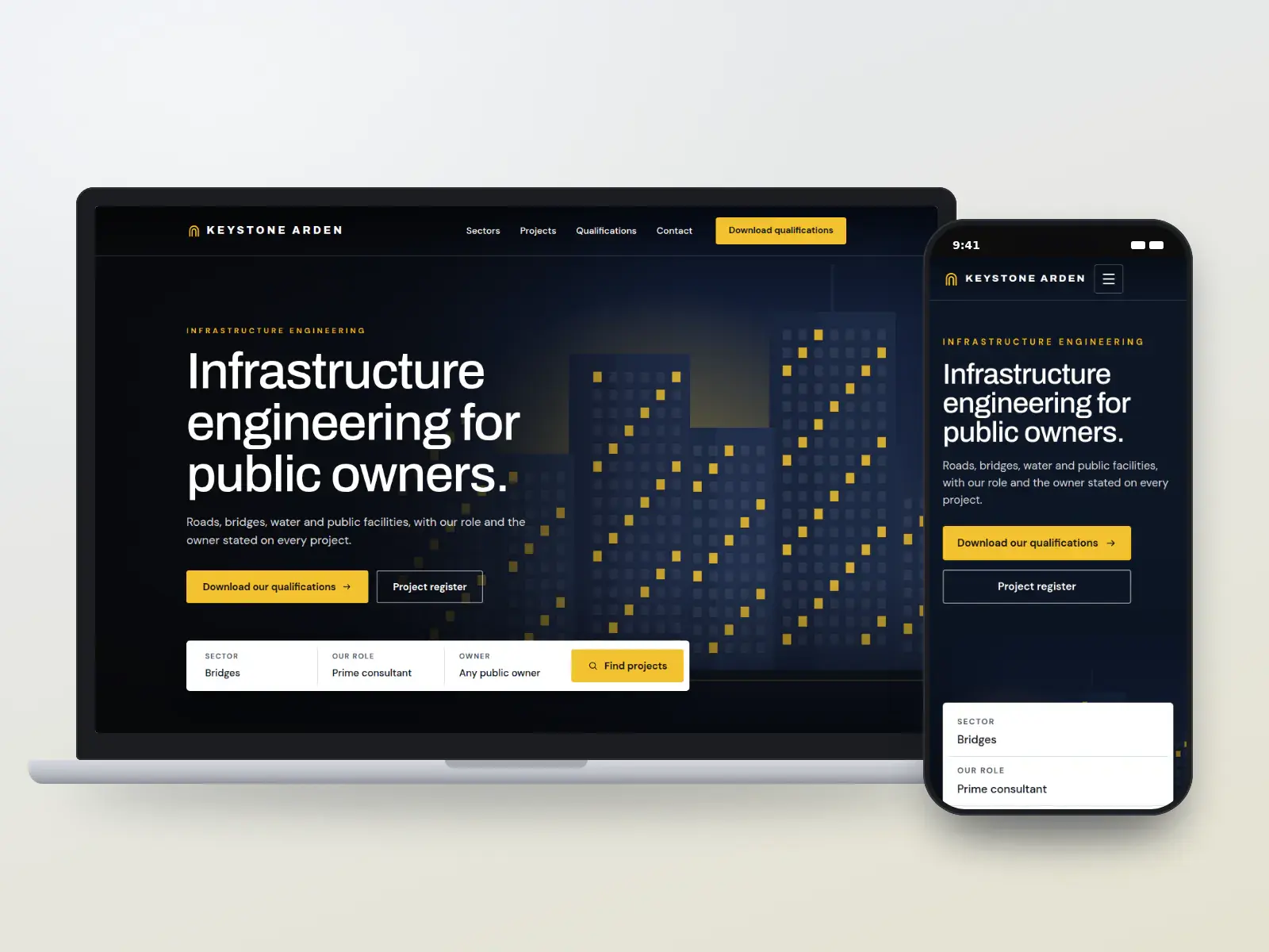 Keystone Arden Engineers, a navy and signal yellow infrastructure engineering website with a full-width night illustration of a city and a project register search bar, on a laptop and a phone.