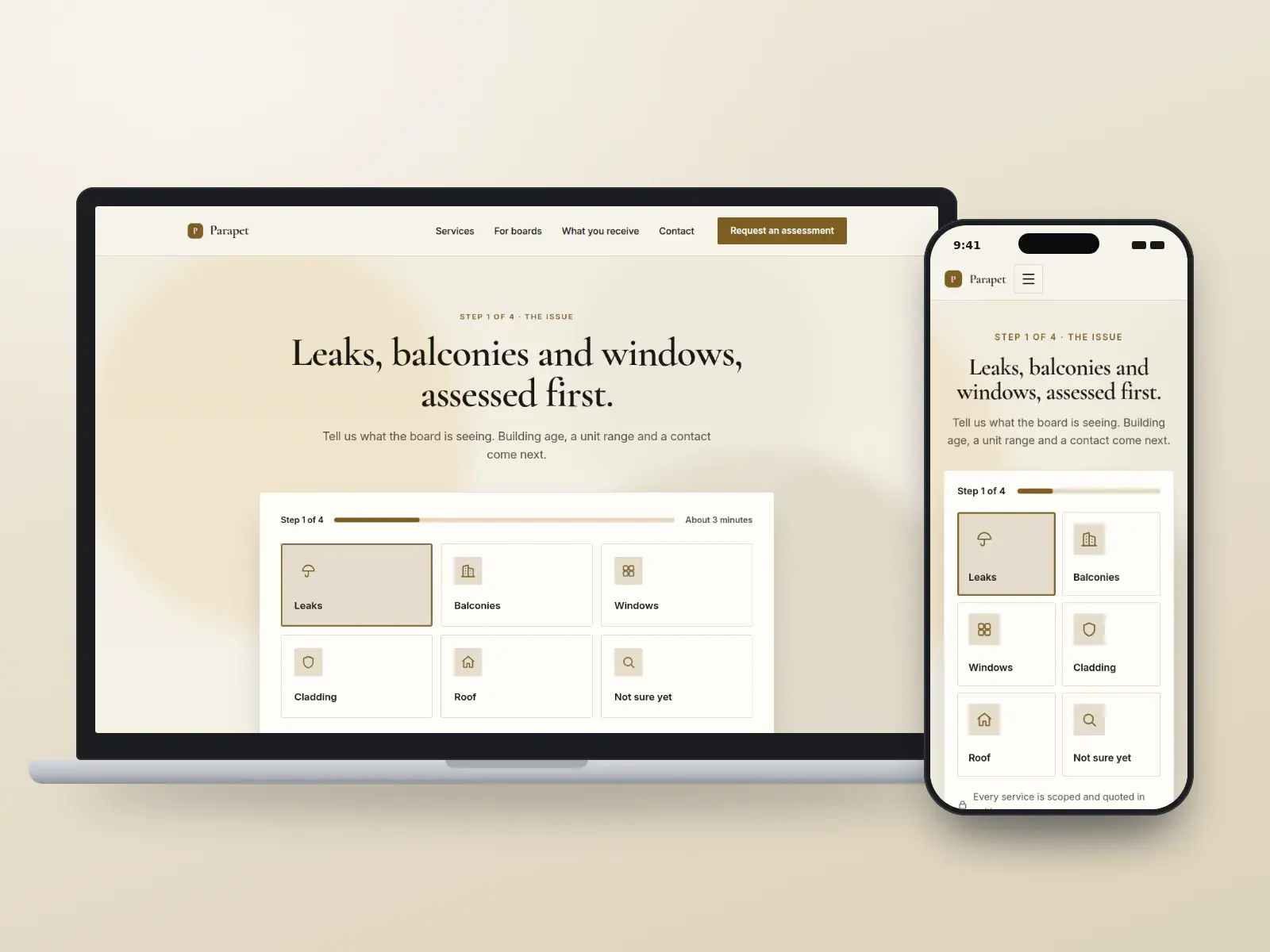 Parapet Building Science, an ink and brass building envelope website whose homepage is a four-step condition assessment request with issue tiles and a progress bar, on a laptop and a phone.