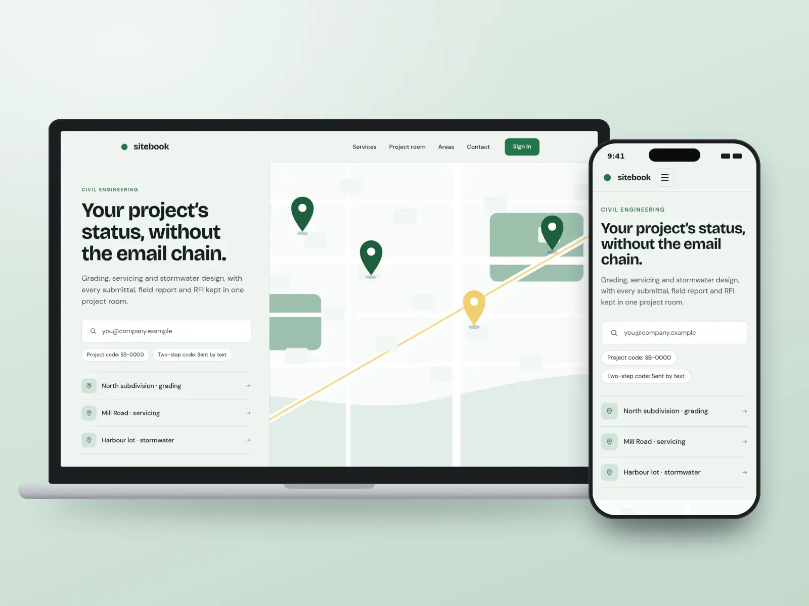 Sitebook Civil, a survey green on fog civil engineering website with a project room sign-in beside a map of pinned sites and a project card, on a laptop and a phone.
