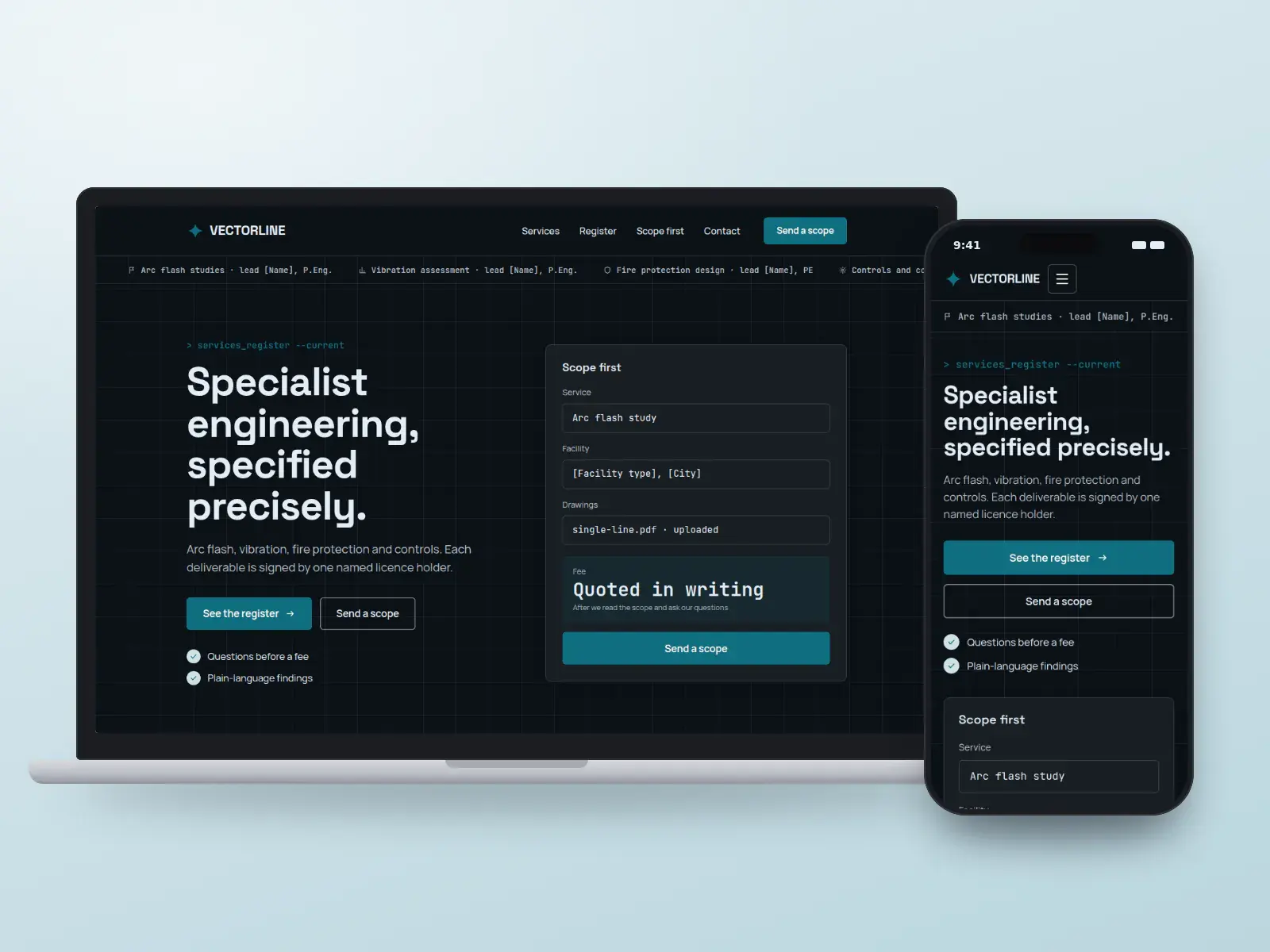 Vectorline Systems Engineering, a night grid and cyan engineering website with a scrolling services register, a large headline and a scope request panel on a dark grid, on a laptop and a phone.