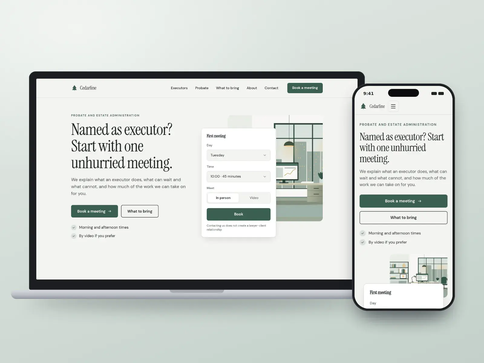 Cedarline Probate Law, a cedar green and fog grey probate law website with a soft serif headline, a meeting booking panel and a quiet office illustration, on a laptop and a phone.