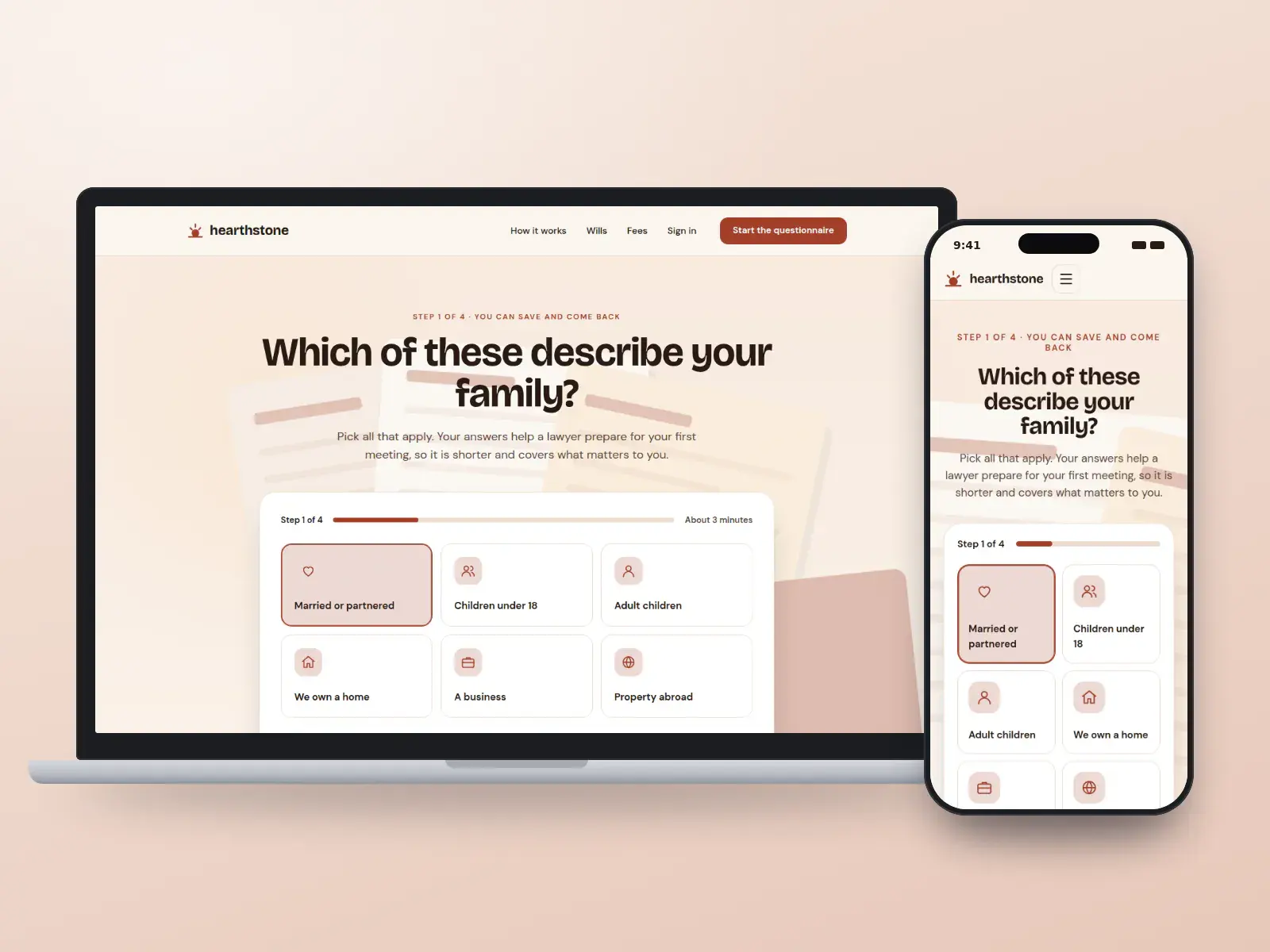 Hearthstone Wills, a hearth red and cream estate planning website whose homepage is a four-step family questionnaire with friendly tiles and a progress bar, on a laptop and a phone.