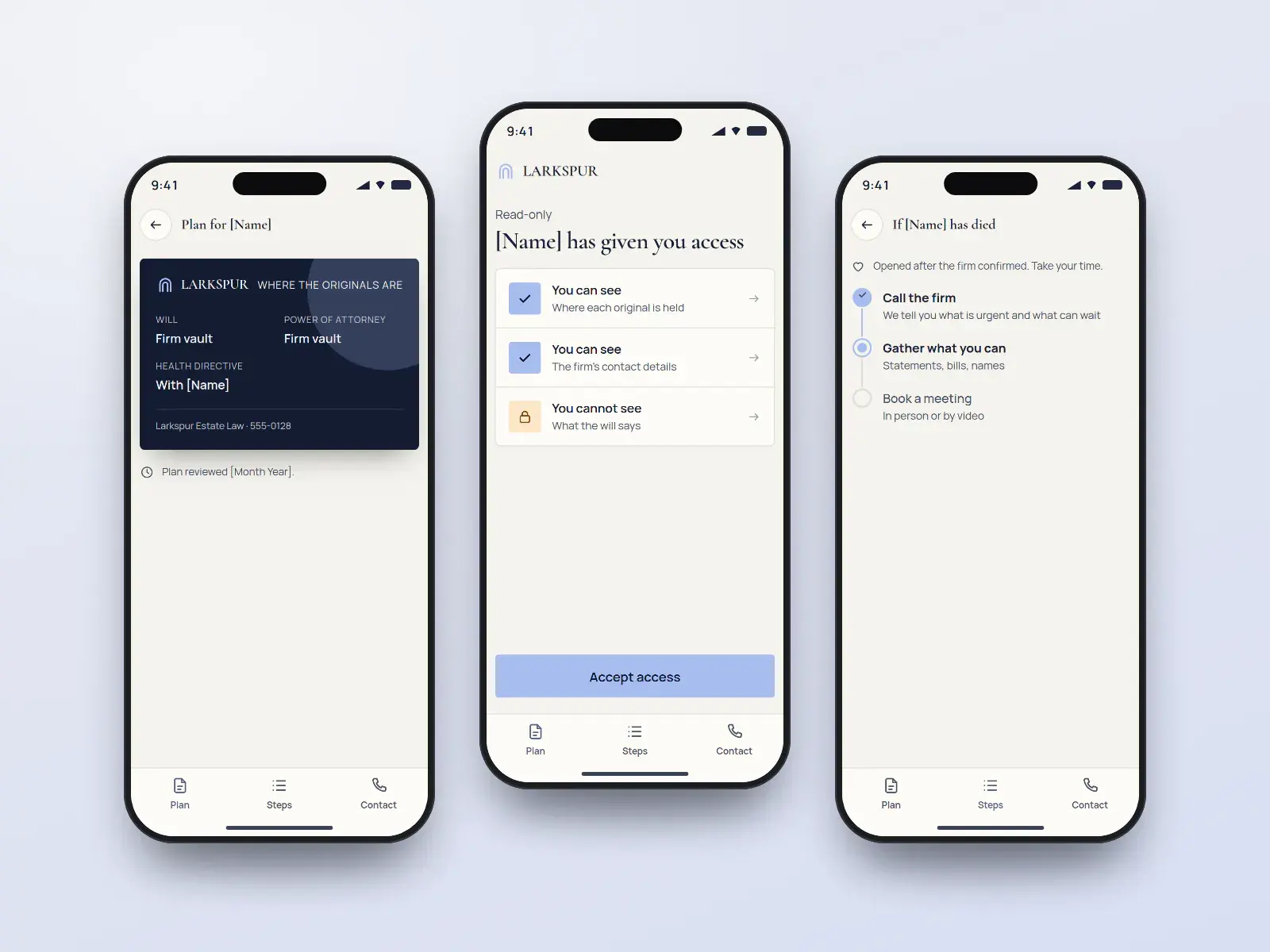 Larkspur executor app, three midnight blue and linen phone screens: a read-only executor invitation, a card showing where each original is held, and a first-steps guide for executors.