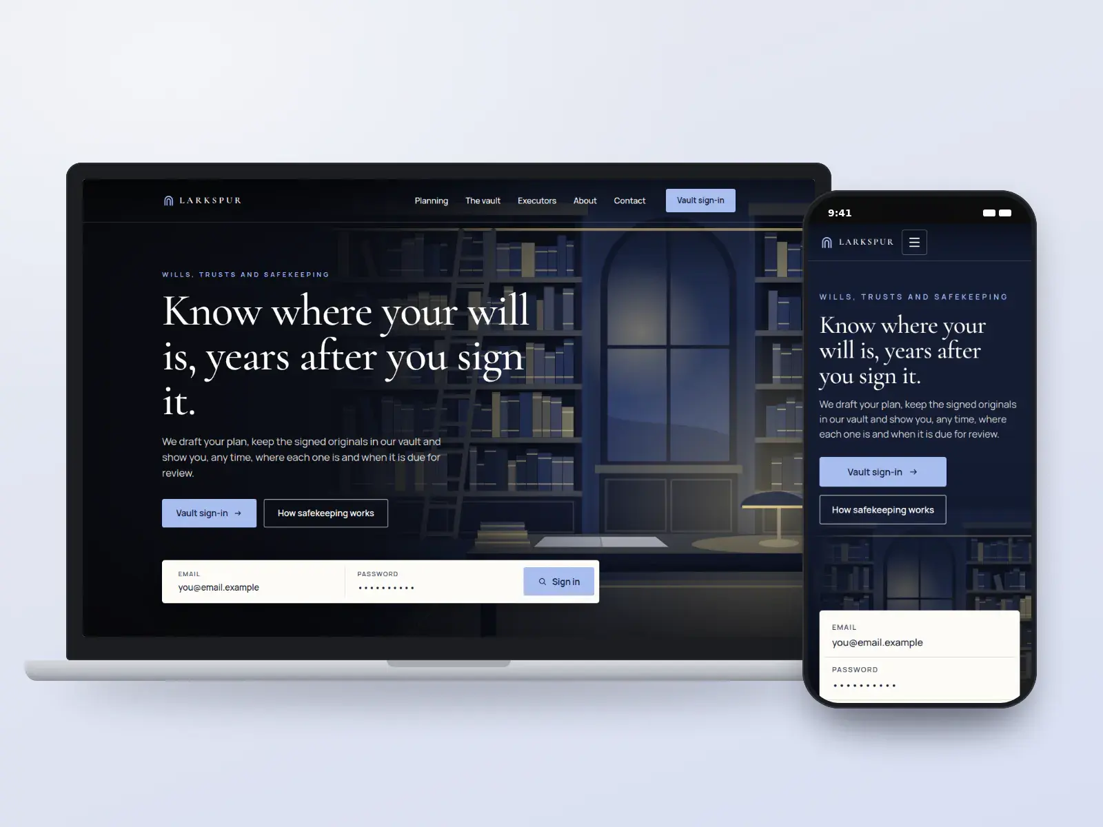 Larkspur Estate Law, a midnight blue and linen estate law website with an archive library illustration at night, a serif headline and a vault sign-in bar, on a laptop and a phone.
