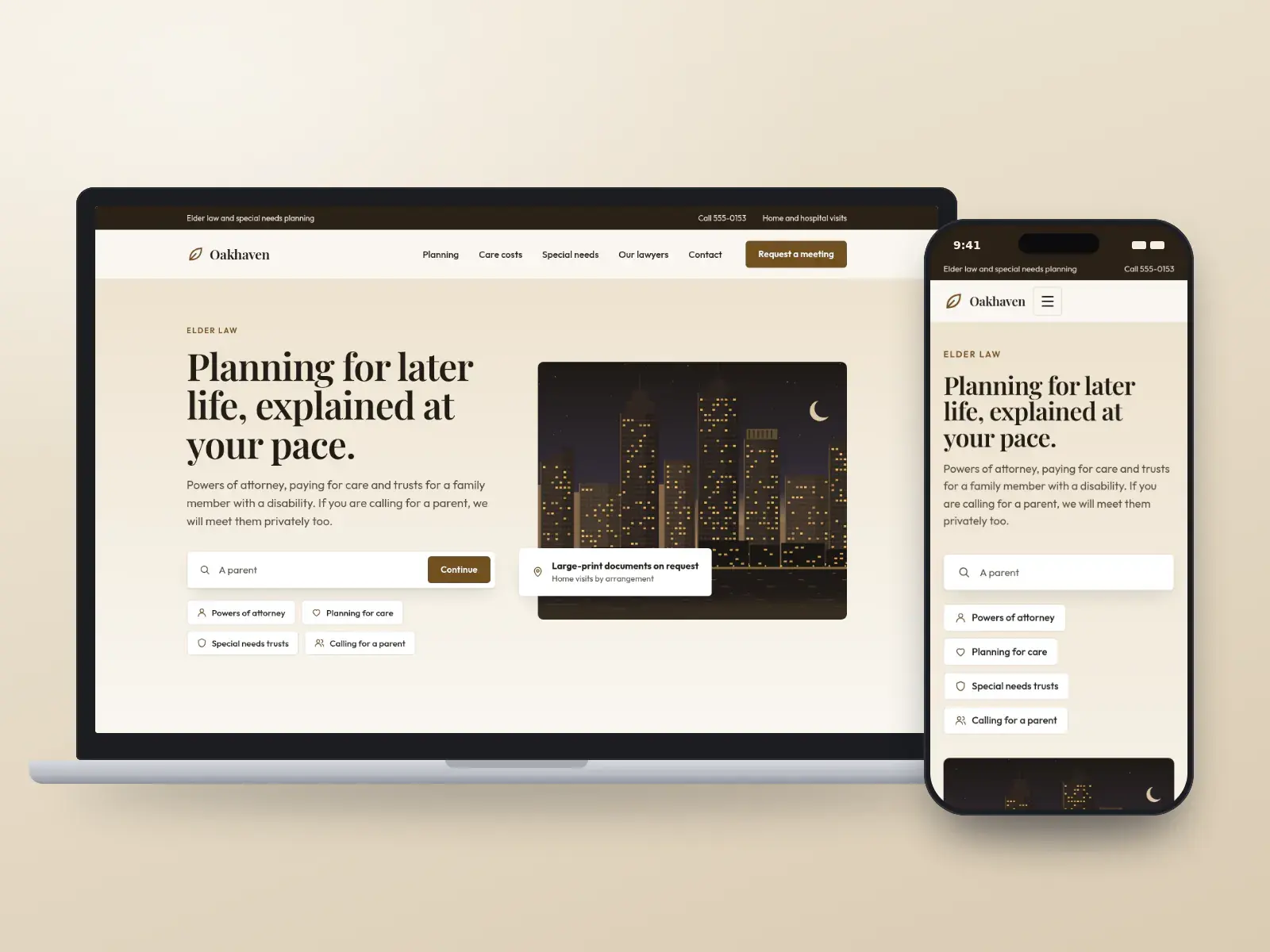 Oakhaven Elder Law, an oak brown and ivory elder law website with large type, quick links for powers of attorney and care planning, and a dusk city skyline, on a laptop and a phone.