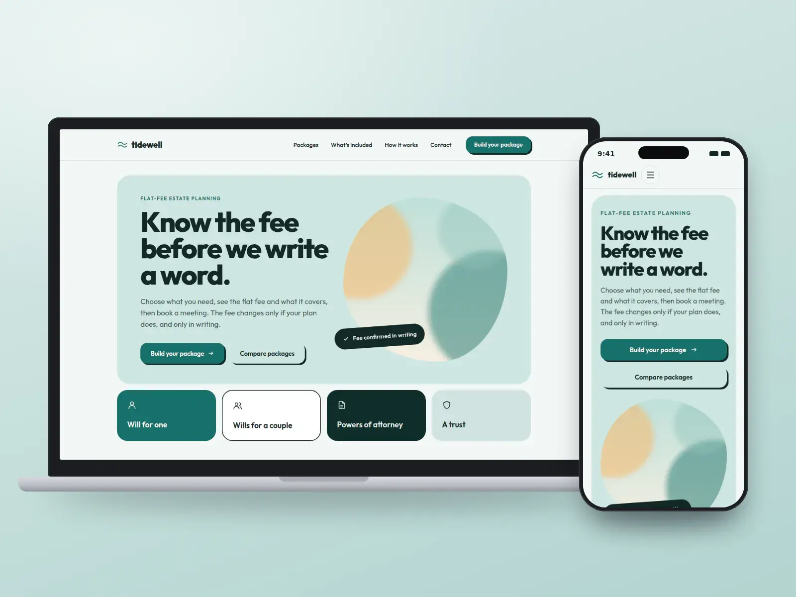 Tidewell Wills and Estates, a teal and shell flat-fee estate planning website with bold rounded type, a package builder and colourful tiles for wills, powers of attorney and trusts, on a laptop and a phone.