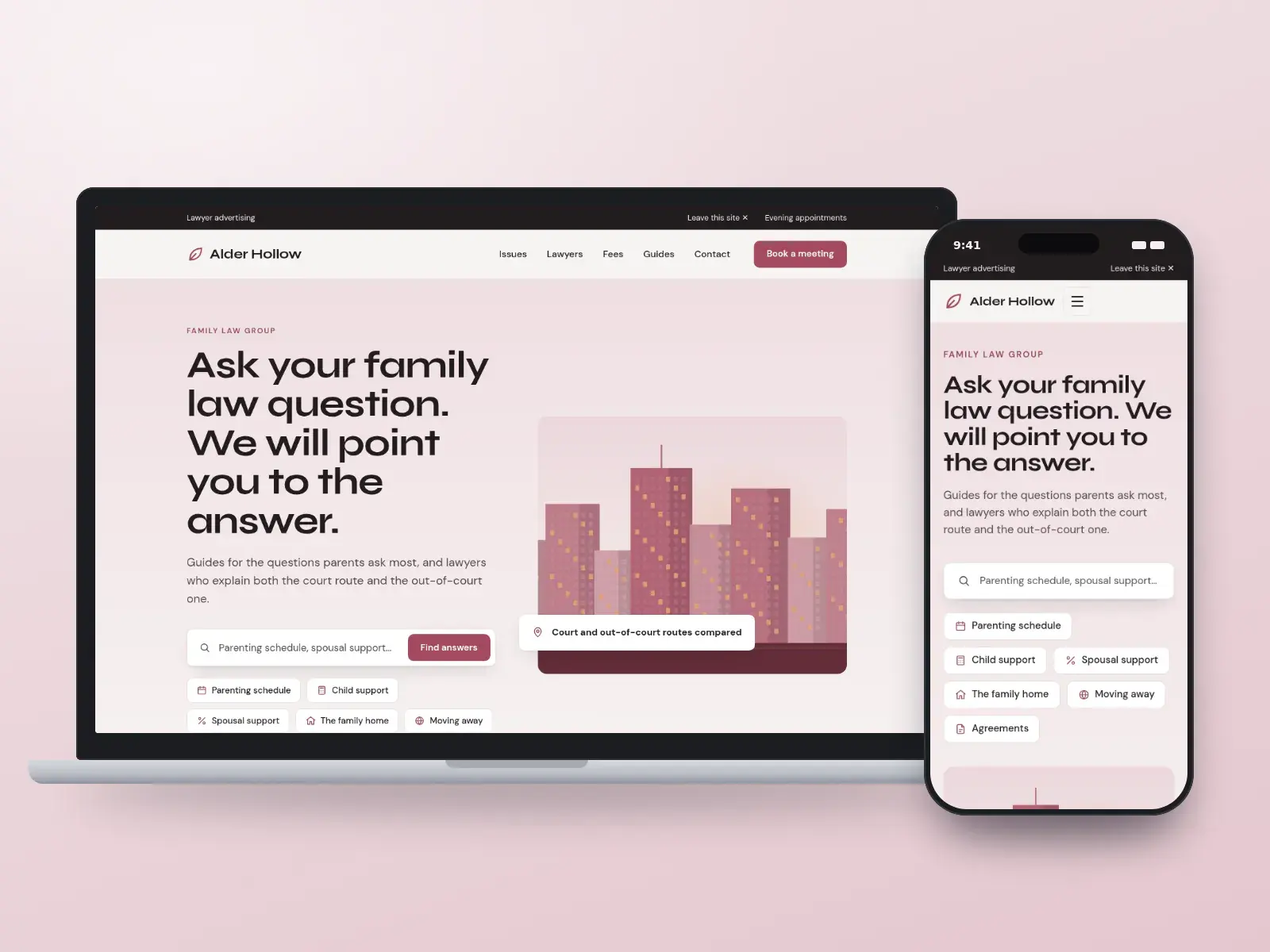 Alder Hollow Family Lawyers, a charcoal and rose family law website with a search for your family law question, issue quick links and an illustration of an office building, shown on a laptop and a phone.