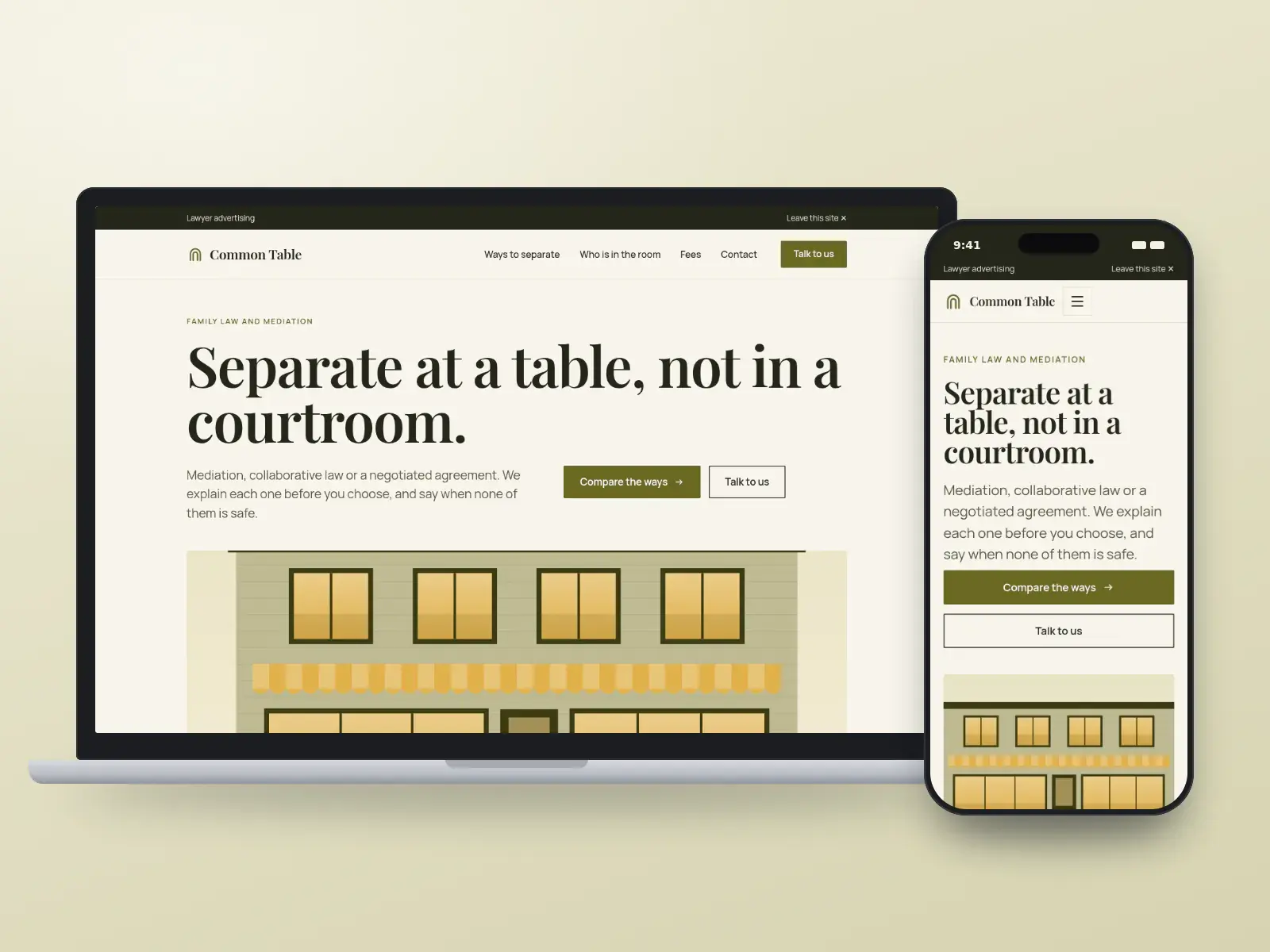 Common Table Family Law & Mediation, an olive and honey editorial family law website with a large serif headline above a wide illustration of a quiet street office, shown on a laptop and a phone.