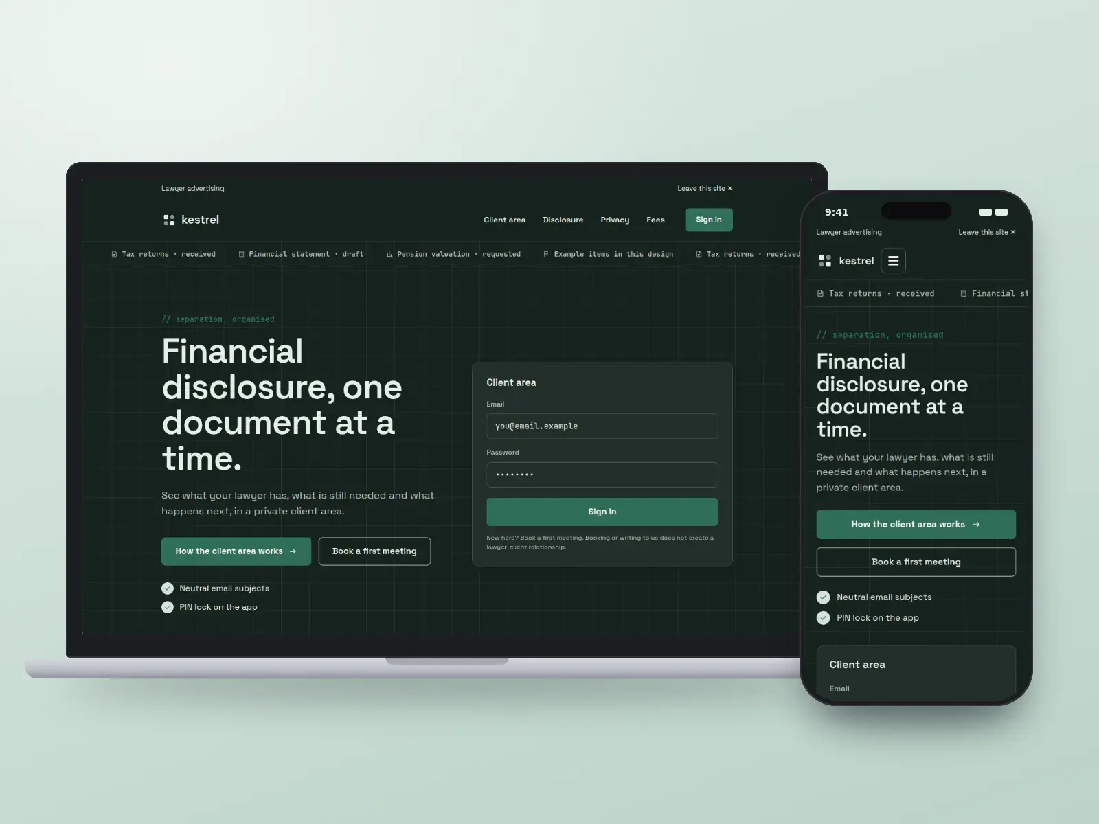 Kestrel Family Law, a spruce and stone family law website with a dark grid hero, a ticker of example disclosure items and a client-area sign-in panel, shown on a laptop and a phone.