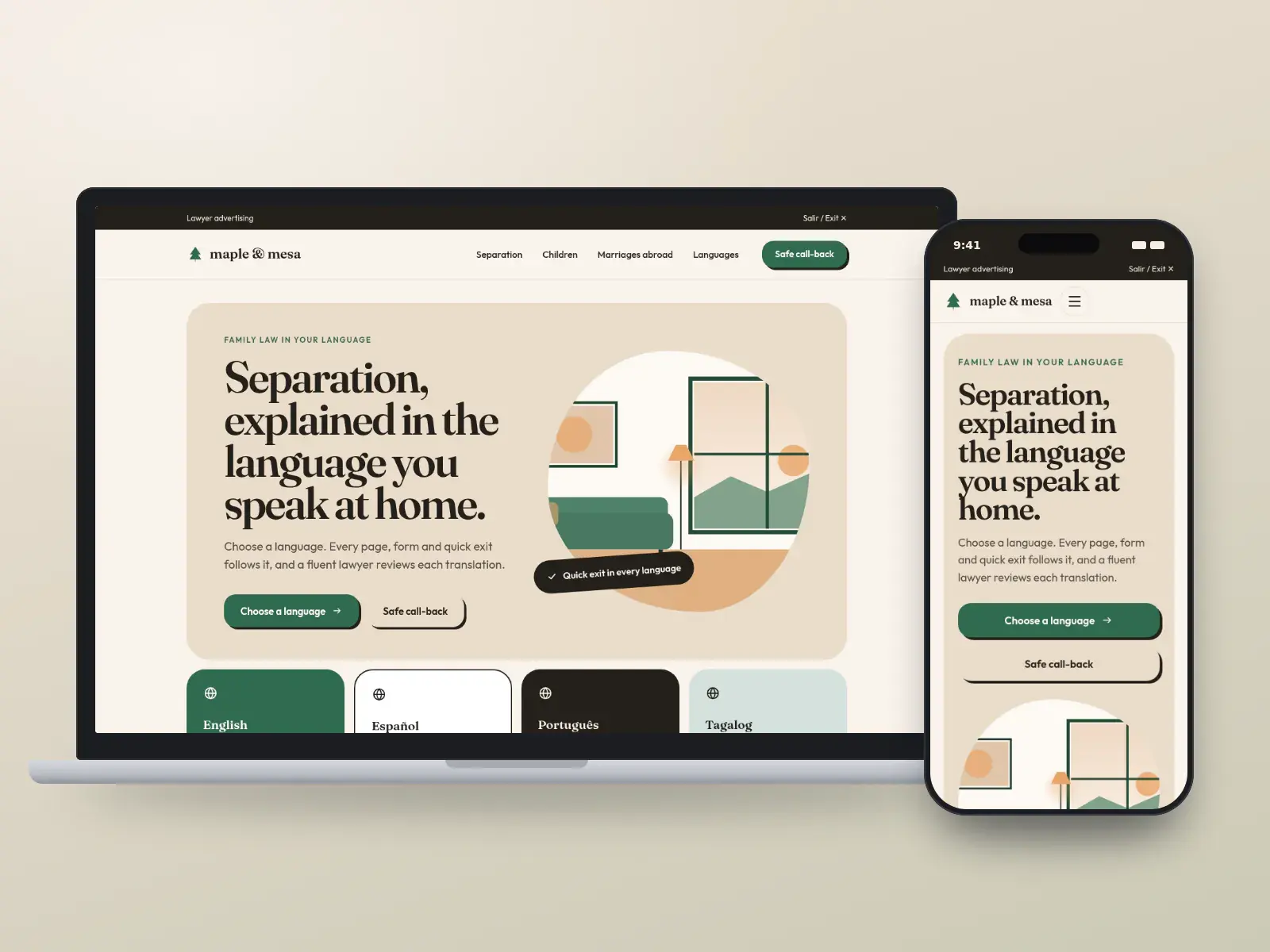 Maple & Mesa Family Law, a clay and pine multilingual family law website with a rounded headline card, a translated quick exit and language tiles, shown on a laptop and a phone.