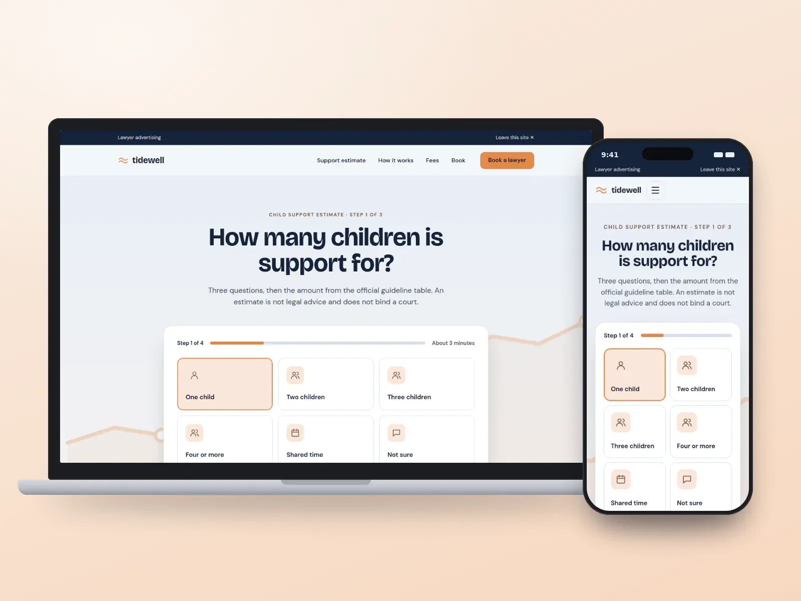 Tidewell Family Law, a marine and apricot family law website whose homepage is a child support estimate, step 1 of 3, with tiles for the number of children and a progress bar, shown on a laptop and a phone.