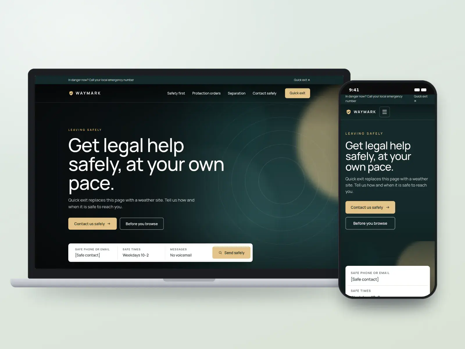 Waymark Family Law, a deep teal and oat family law website with a dark calm masthead, a quick-exit bar above the navigation and a safe-contact form bar, shown on a laptop and a phone.