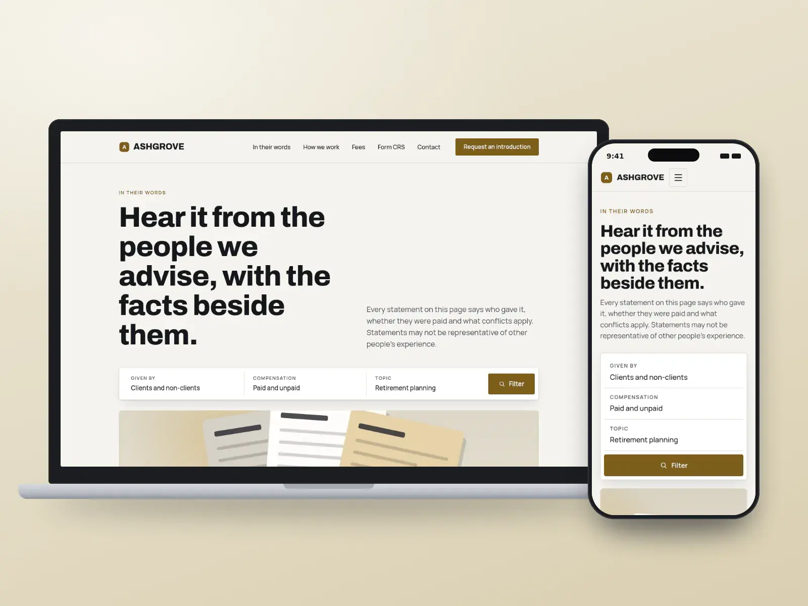 Ashgrove Advisory Partners, an ink and brass advisory website with a statement filter, a casefile illustration and a statement card with its disclosures beside it.