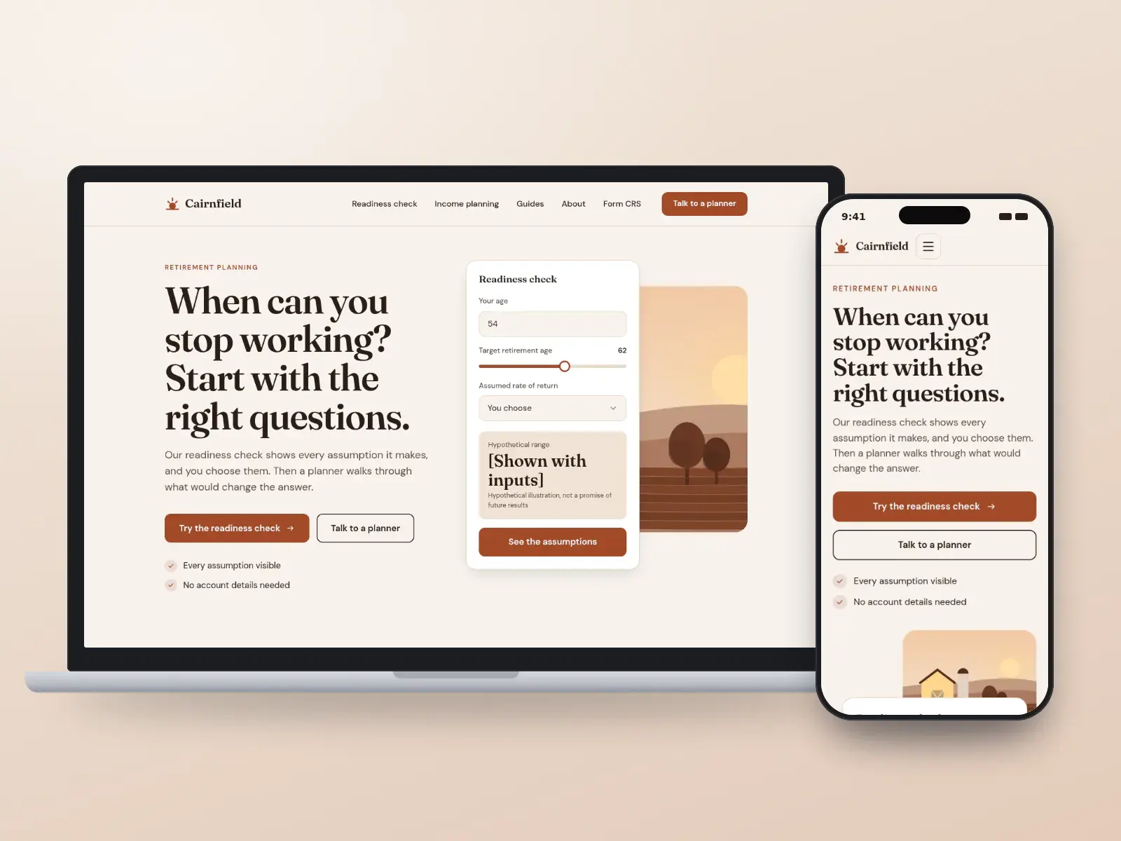 Cairnfield Retirement Planning, a clay and oat retirement planning website with a readiness check that lists its assumptions beside a sunrise illustration of a ridge.