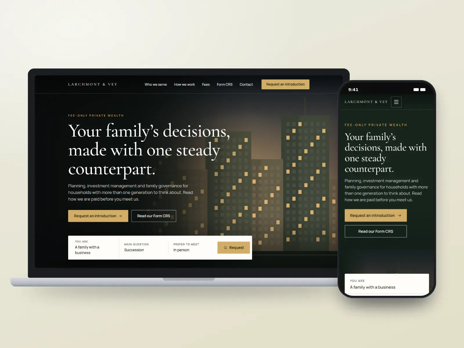 Larchmont & Vey Private Wealth, a forest green and parchment wealth management website with a dusk city skyline, serif headline and an introduction request bar, on a laptop and a phone.
