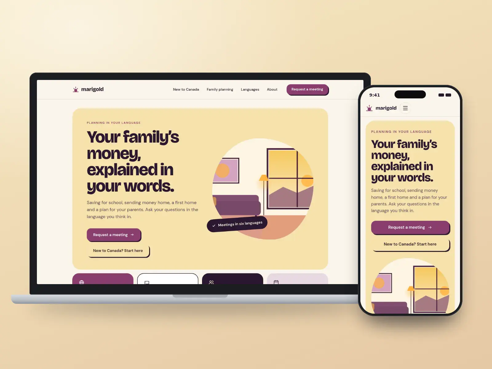 Marigold Family Wealth, a marigold and plum multilingual family planning website with bold type, a rounded illustration of a lit apartment interior and language tiles, on a laptop and a phone.