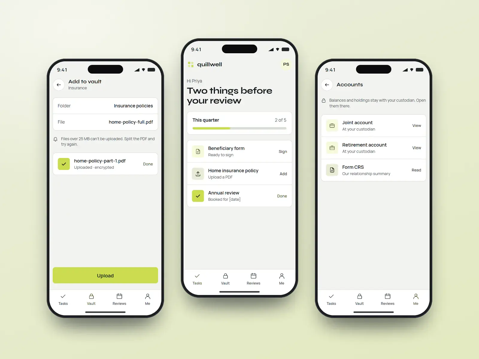 quillwell household app, three slate phone screens with citron accents: household tasks with progress, a document upload with a file size warning, and account links to the custodian.