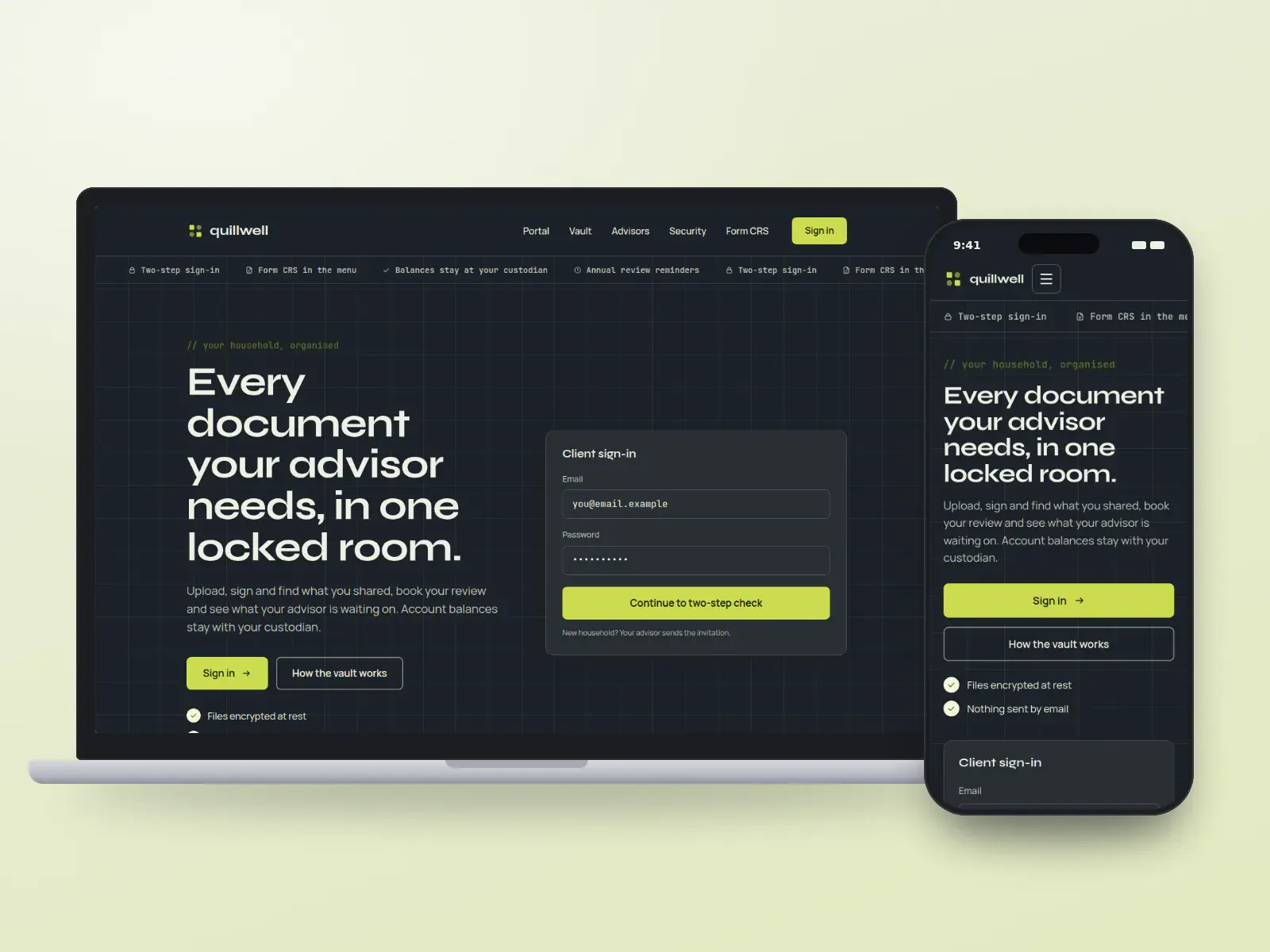 quillwell, a slate and citron advisory client portal website with a dark grid hero, a client sign-in panel and a status ticker, shown on a laptop and a phone.