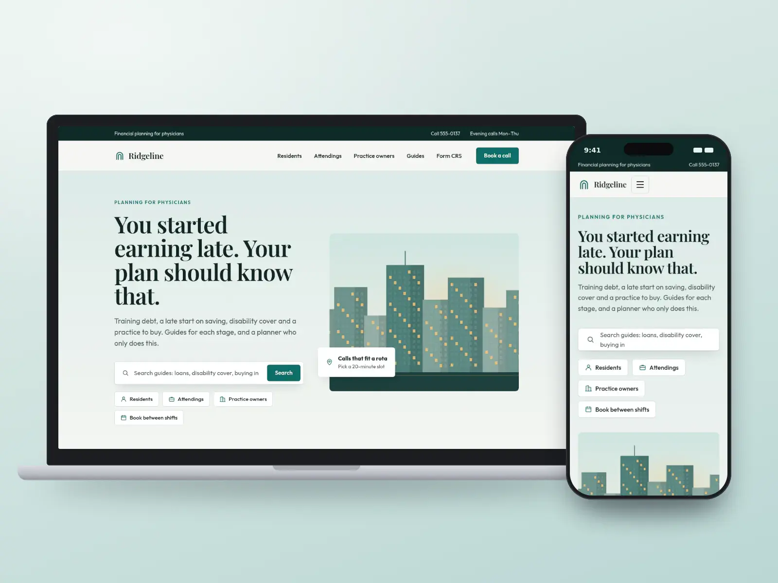 Ridgeline Physician Planning, a scrub teal and paper financial planning website for physicians with a guide search, audience routes and a hospital-district skyline.