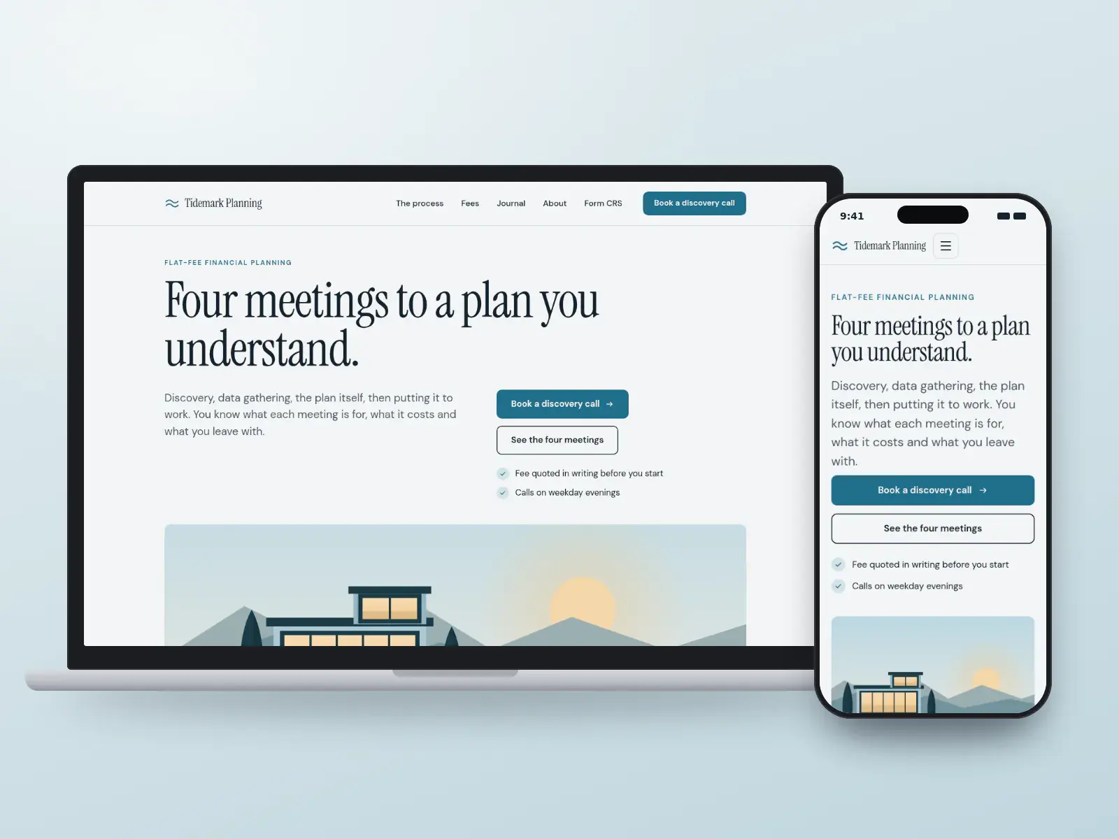 Tidemark Planning, a tide blue and shell editorial financial planning website with a large serif headline and a wide estuary illustration, shown on a laptop and a phone.