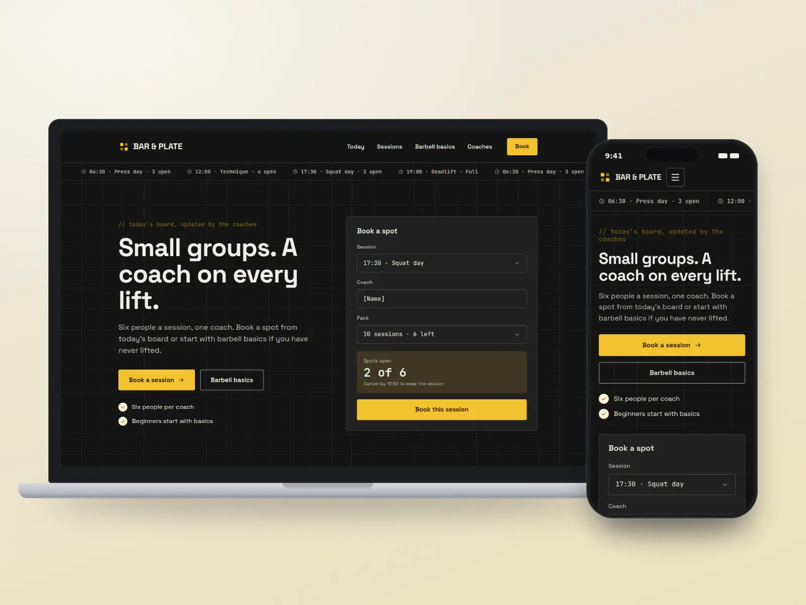 Bar & Plate Barbell, a black and plate yellow strength gym website with a running board of today’s coached sessions and a booking panel, shown on a laptop and a phone.