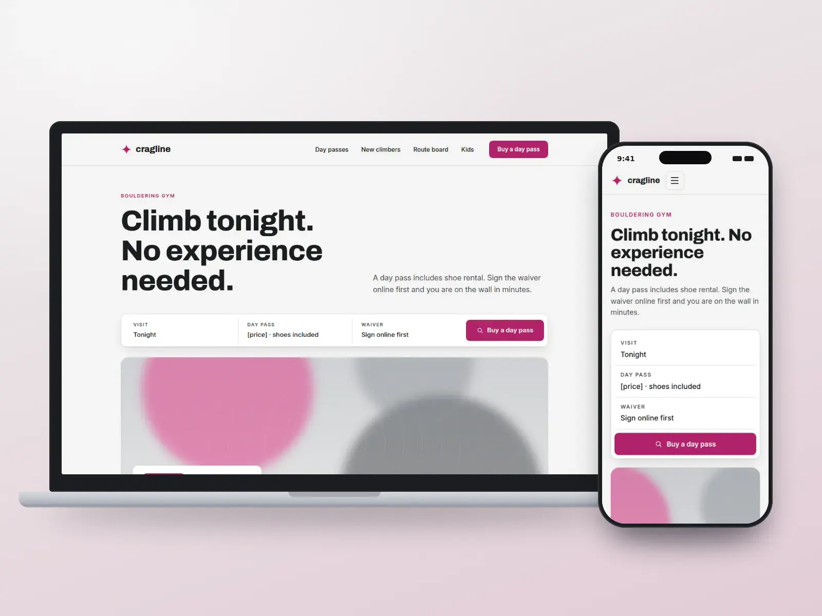 Cragline Bouldering, a granite grey and magenta climbing gym website with a day-pass search bar and a wide drawing in route-tag colours, shown on a laptop and a phone.