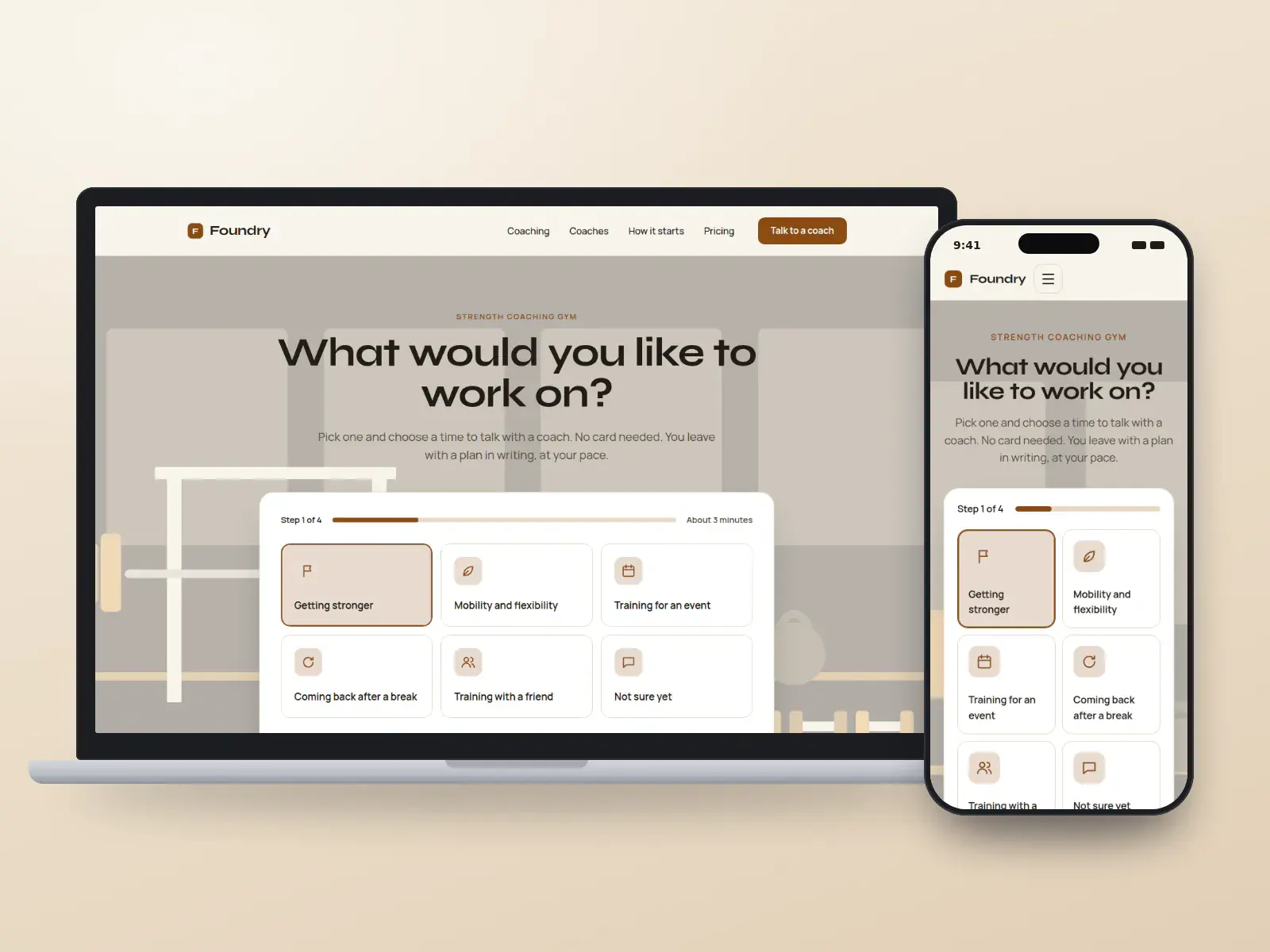 Foundry Strength Co., an iron and amber coaching gym website with a step-by-step goal chooser over a warm wash of drawn kettlebells, shown on a laptop and a phone.