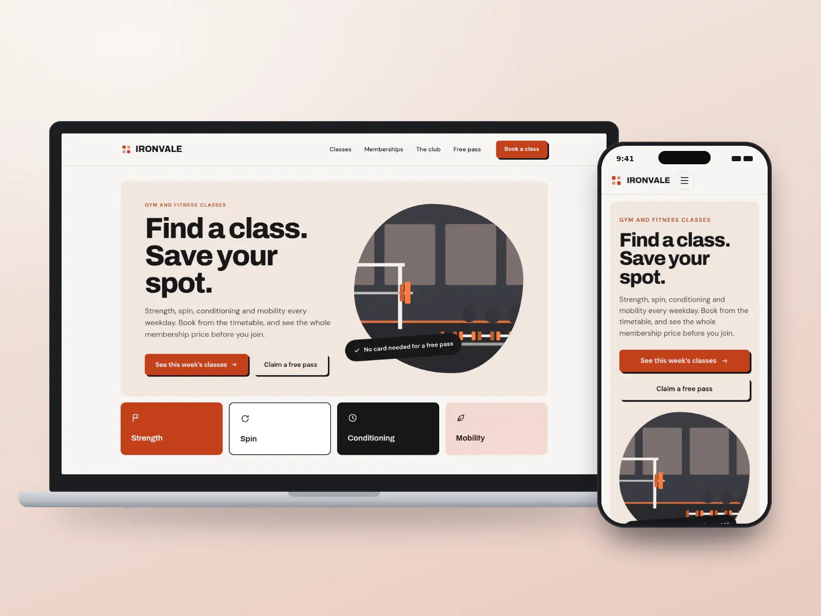 Ironvale Fitness, a chalk white and signal orange gym website with oversized type, a drawn gym floor with racks and kettlebells, and four class tiles, shown on a laptop and a phone.