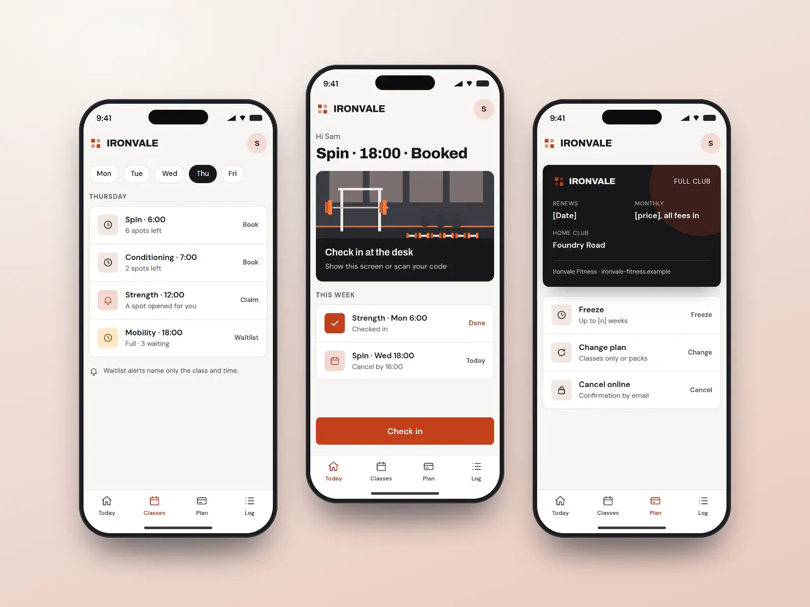 Ironvale member app, three chalk and orange phone screens: today’s booked spin class with check-in, a timetable with a waitlist, and membership controls with cancel online.