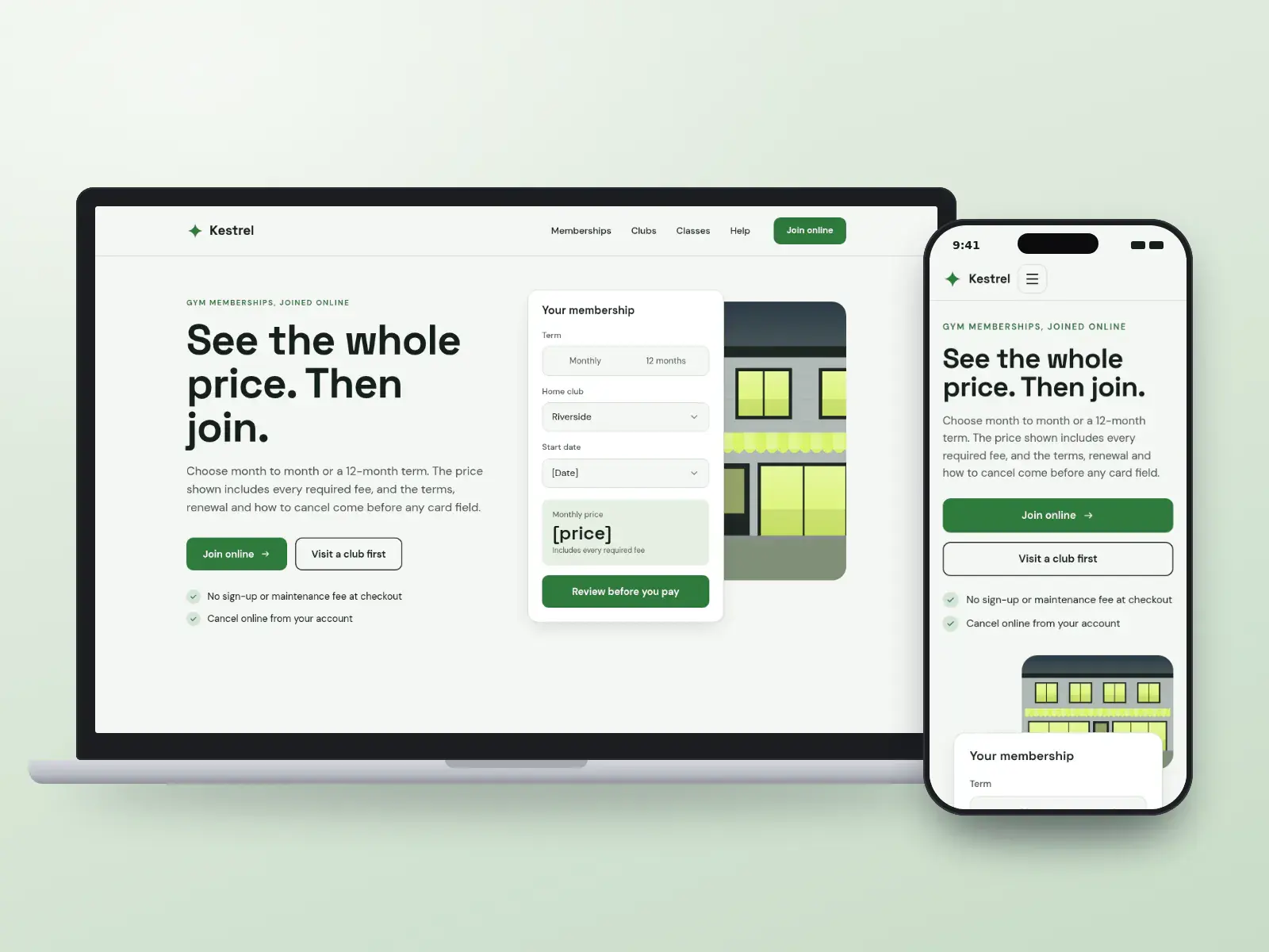 Kestrel Athletic Club, a slate and lime gym membership website with a join panel showing the full price beside a drawn club exterior at dusk, shown on a laptop and a phone.
