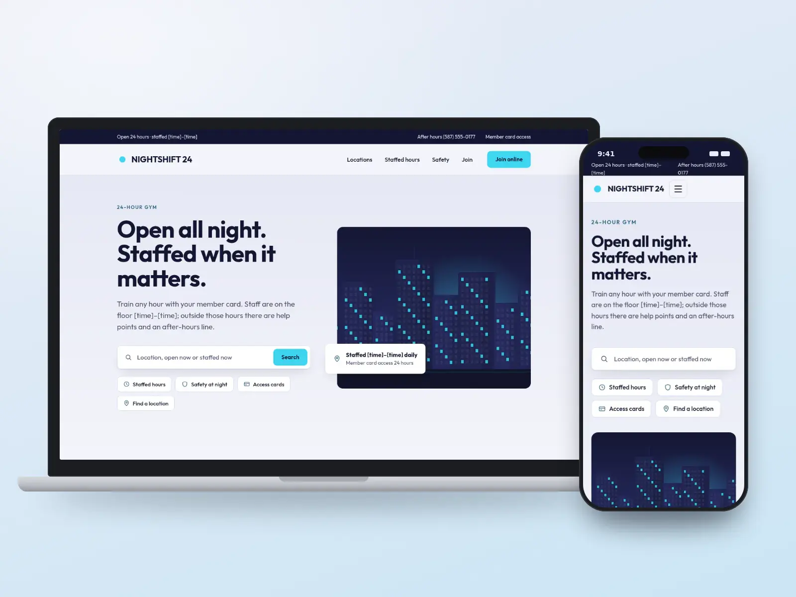 Nightshift 24 Fitness, a deep indigo and cyan 24-hour gym website with a club search, quick links for staffed hours and safety, and a drawn city at night, shown on a laptop and a phone.