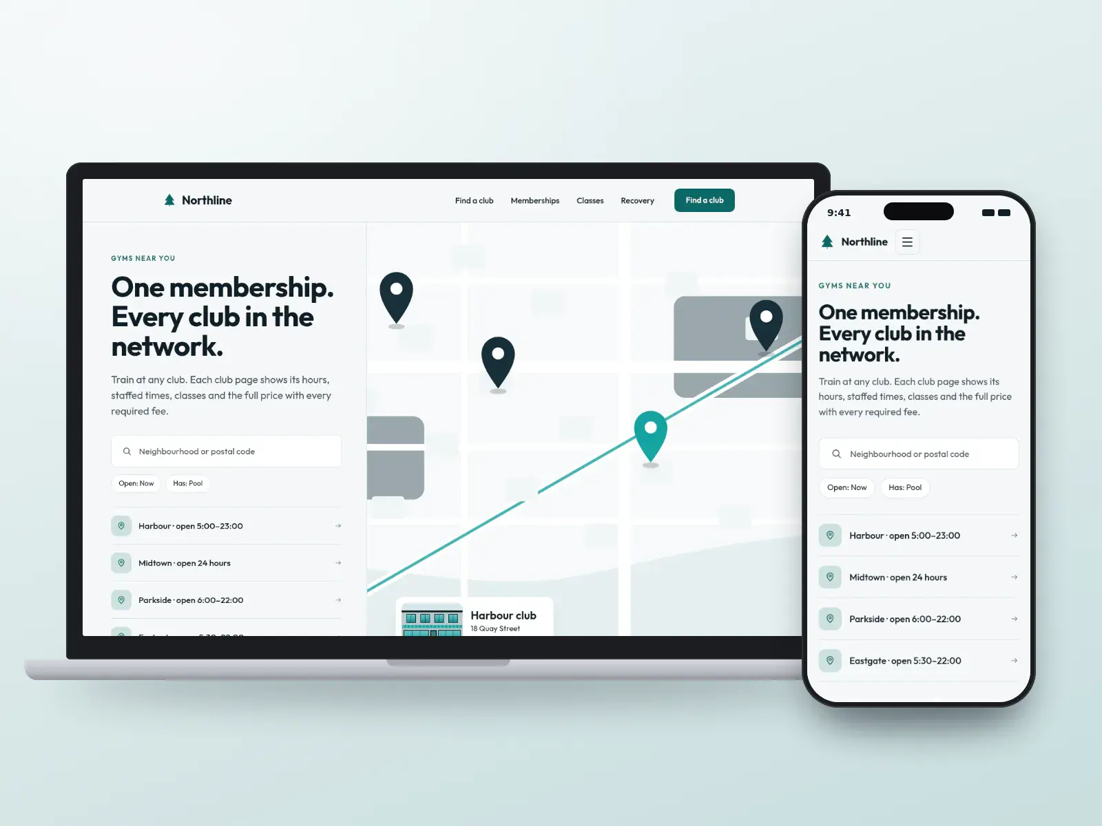 Northline Fitness Clubs, a midnight and teal gym network website with a club finder beside a map of club pins and a club card, shown on a laptop and a phone.