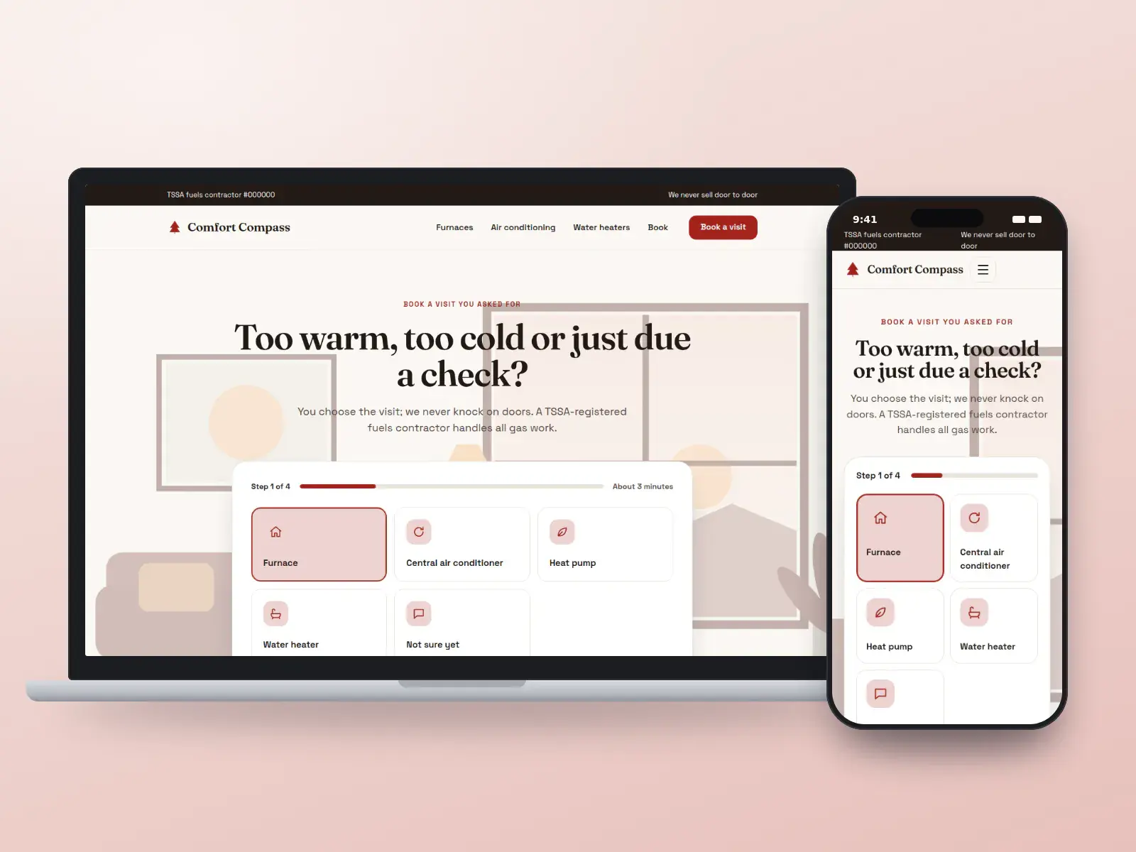 Comfort Compass HVAC, a maple red and birch HVAC booking website on a laptop and a phone, with a four-step question card for furnace, air conditioner and heat pump visits.