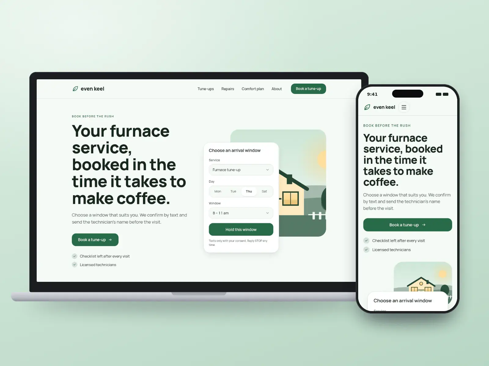 Even Keel Comfort, a sage and white HVAC tune-up booking website on a laptop and a phone, with an arrival window picker beside a home with a furnace and condenser.
