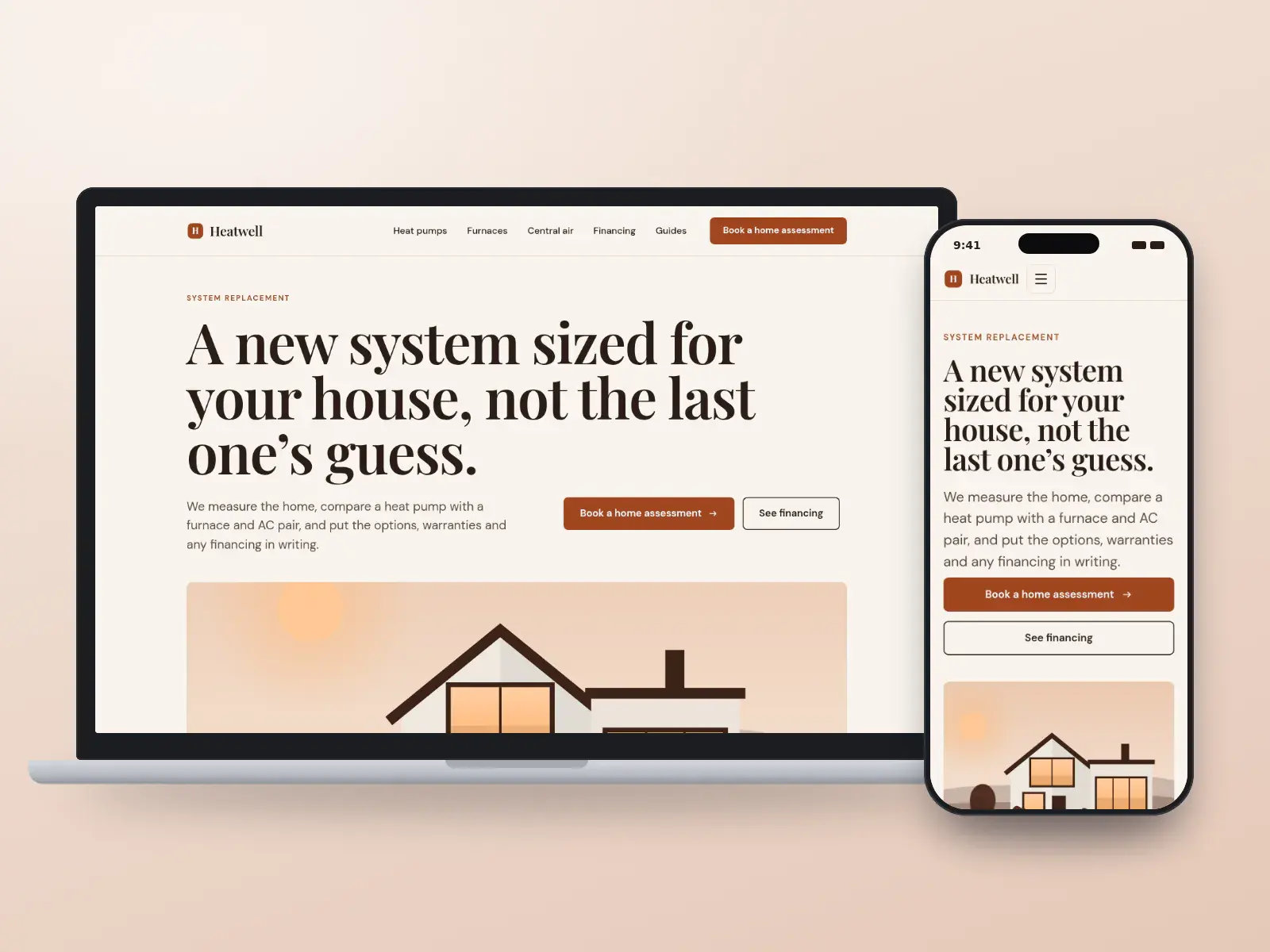 Heatwell Systems, a terracotta and oat editorial HVAC replacement website on a laptop and a phone, with a serif headline, a warranty table and guides to heat pumps and furnaces.