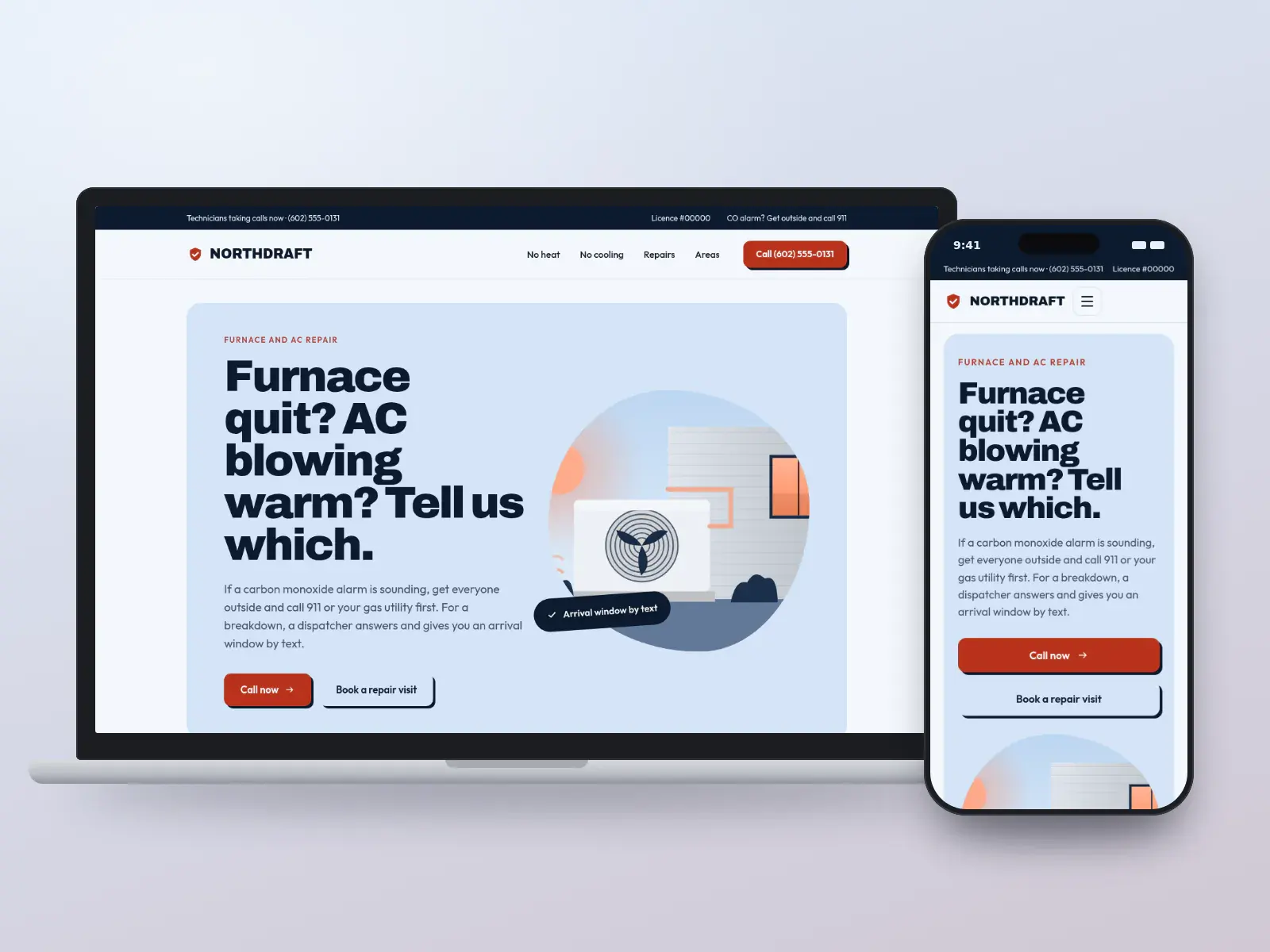 Northdraft Heating & Air, a frost blue and ember emergency HVAC website on a laptop and a phone, with a call button, no-heat and no-cooling tiles and an outdoor condenser illustration.
