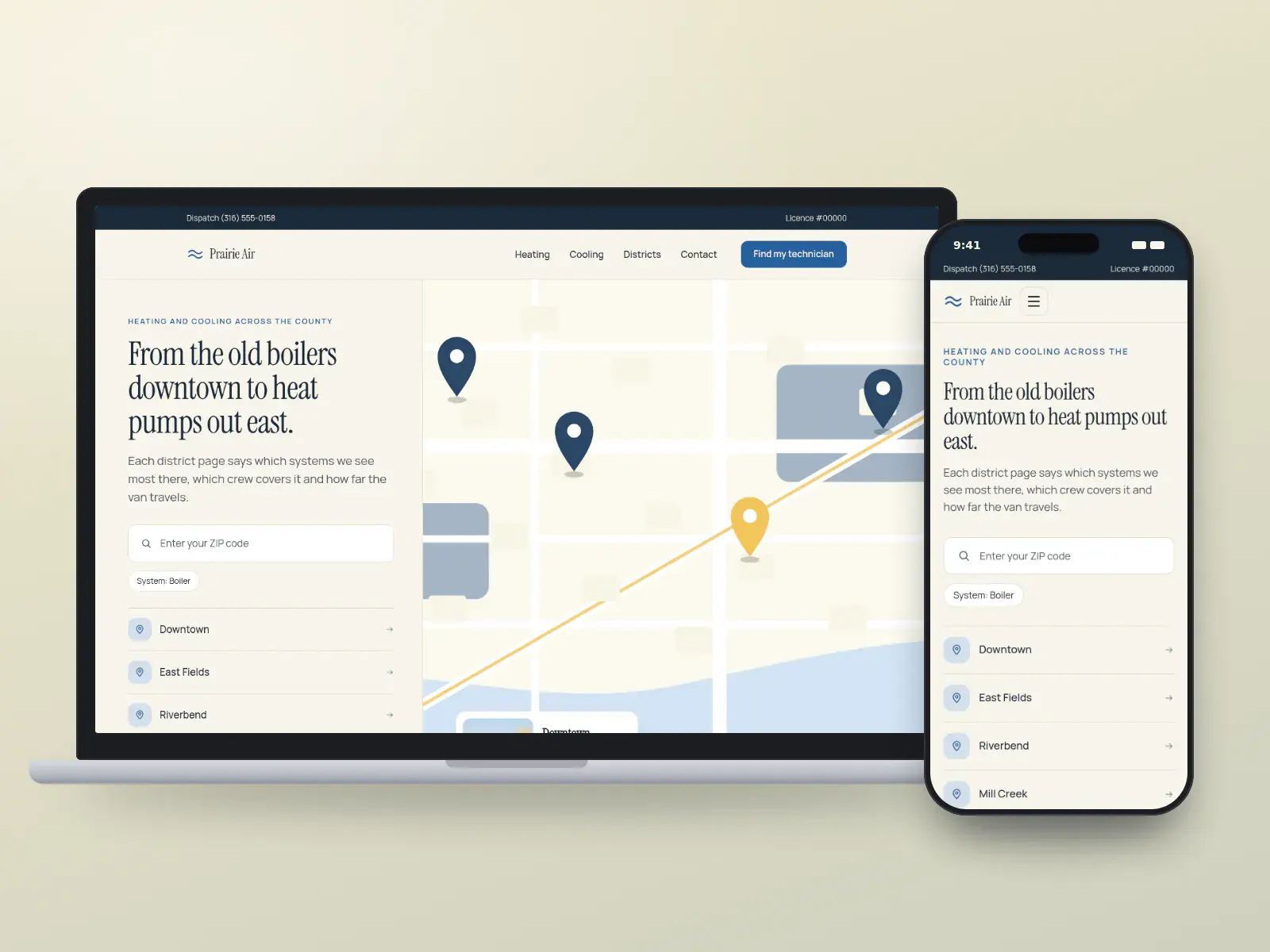 Prairie Air Co., a wheat and big sky blue HVAC company website on a laptop and a phone, with a county map of five districts and district cards describing local systems.