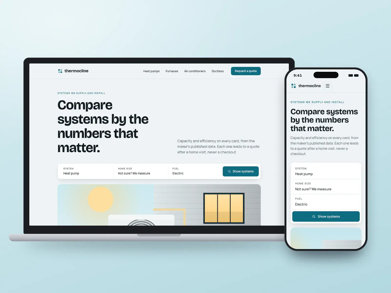 Thermocline Supply & Install, a graphite and glacier blue HVAC systems catalogue website on a laptop and a phone, with a system search bar and cards for heat pumps and furnaces.
