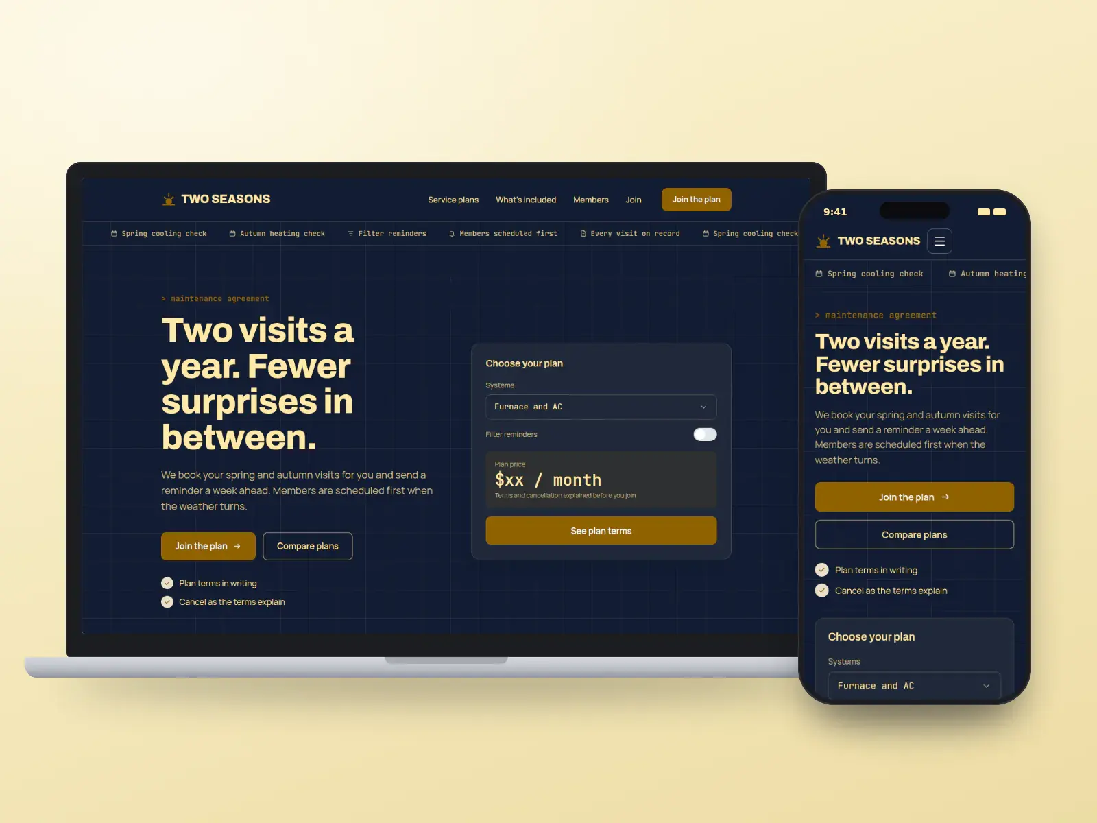 Two Seasons Mechanical, a navy and sunflower HVAC maintenance plan website on a laptop and a phone, with a dark masthead, a plan picker panel and a year of visits table.
