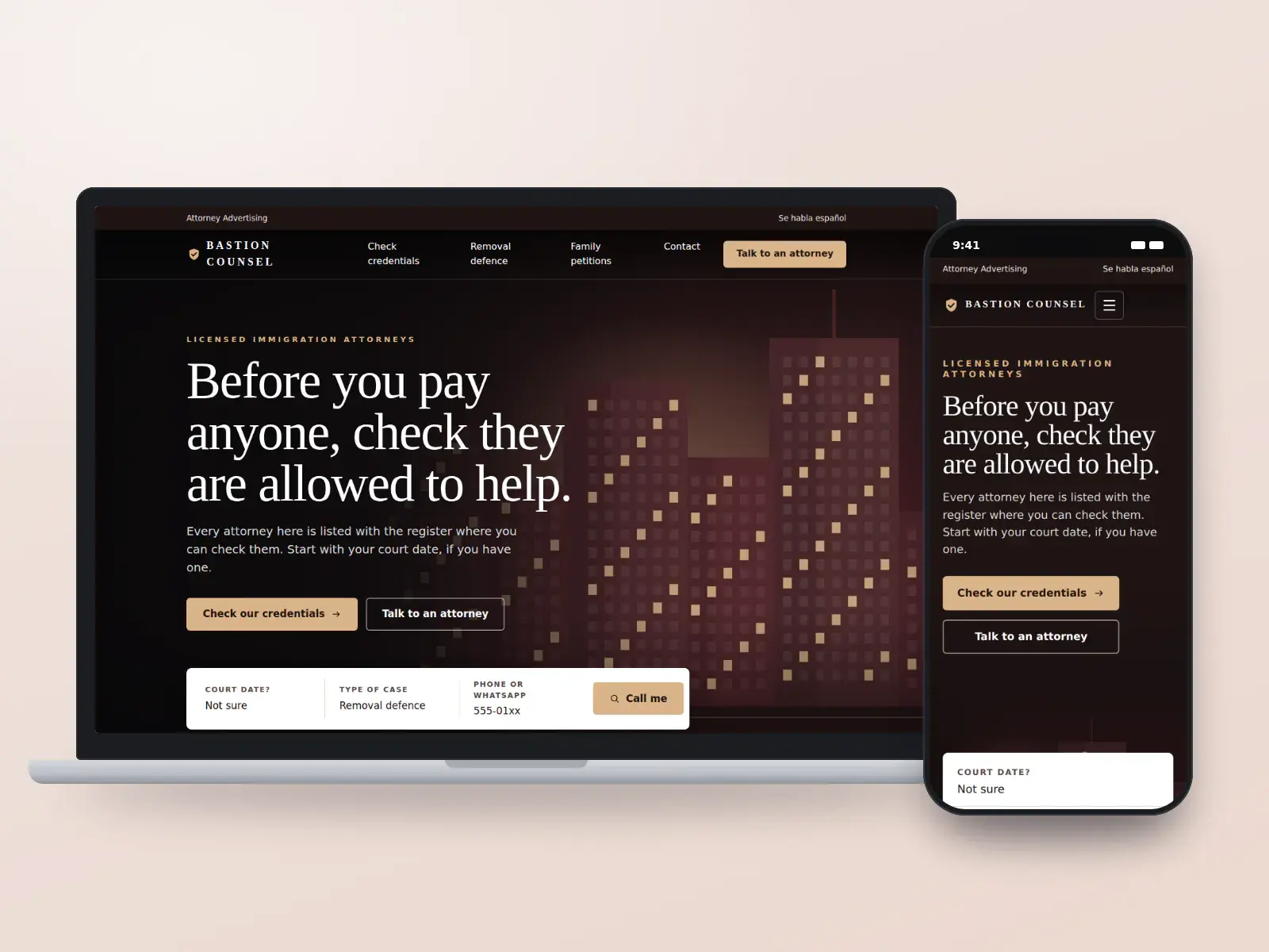 Bastion Immigration Counsel, an oxblood and stone immigration law website with a dark night city masthead, a headline about checking credentials and an intake bar asking about a court date, on a laptop and a phone.
