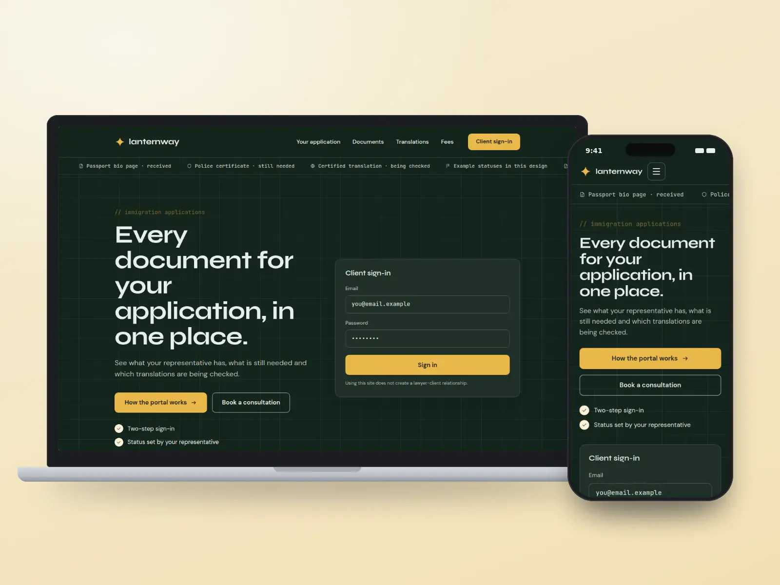 Lanternway, a pine and lantern gold immigration firm website with a dark grid hero, a ticker of example document statuses and a client sign-in panel, shown on a laptop and a phone.