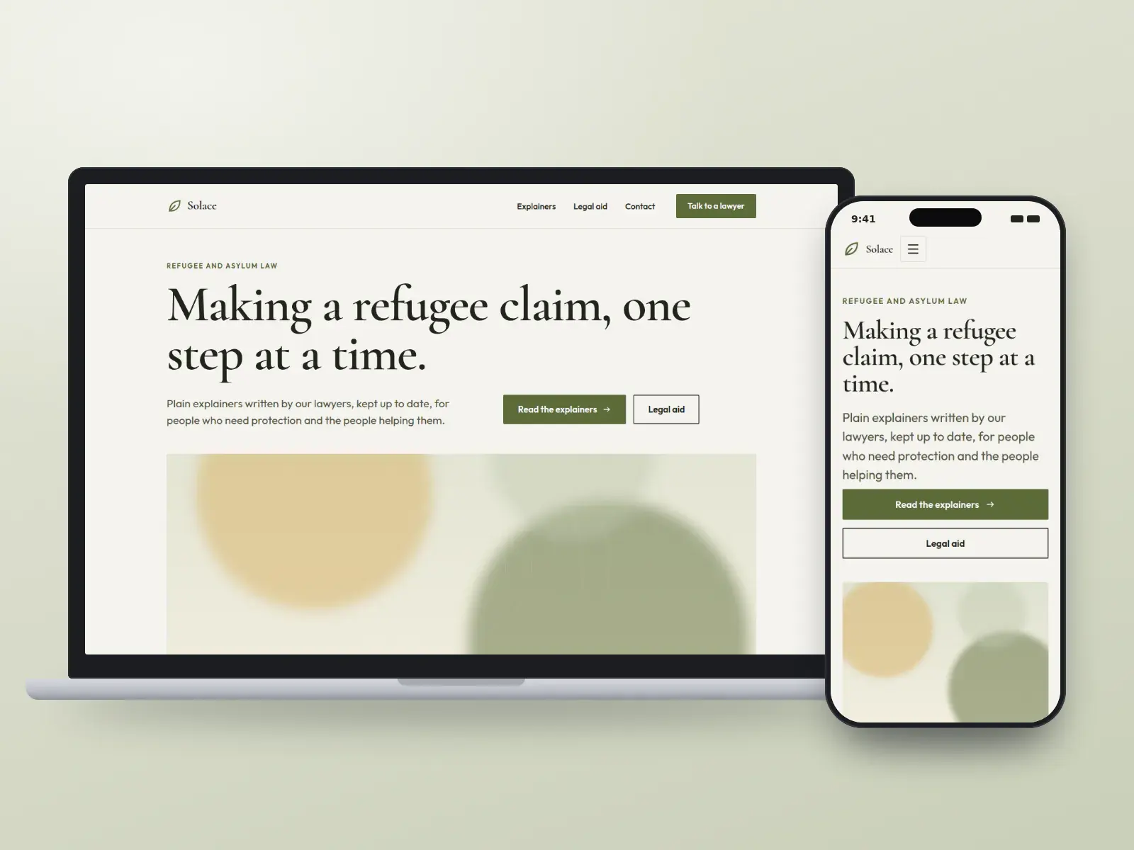 Solace Refugee and Asylum Law, a dove and olive editorial refugee law website with a large serif headline above a wide soft abstract illustration, shown on a laptop and a phone.