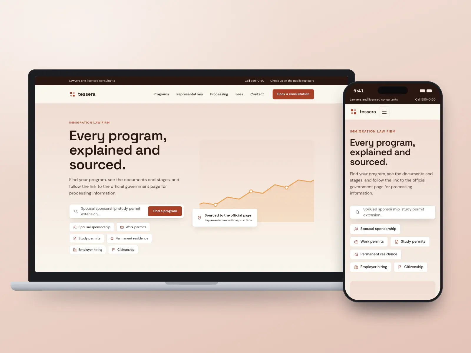 Tessera Immigration Law, a brick and cream immigration law website with a program search, program quick links and an illustration of a city of offices, shown on a laptop and a phone.