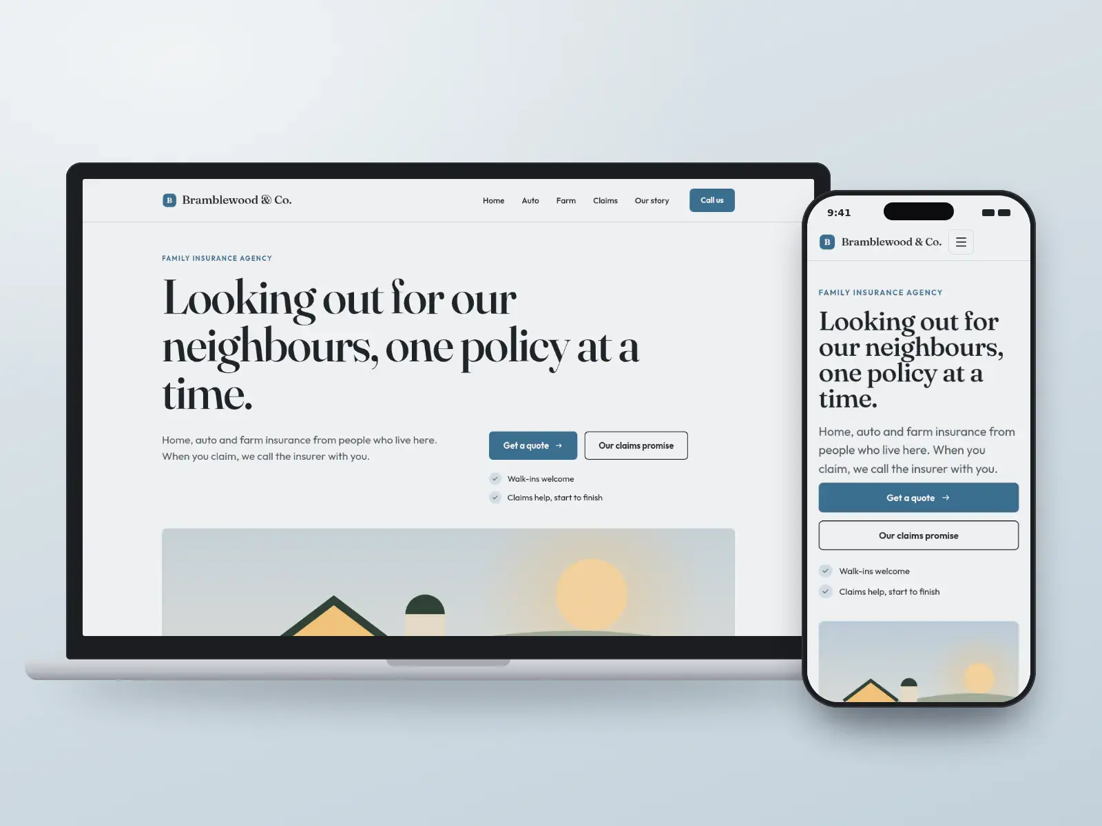 Bramblewood & Co., a steel blue and fog editorial insurance website with a large serif headline above a wide illustration of a farmhouse and fields, shown on a laptop and a phone.