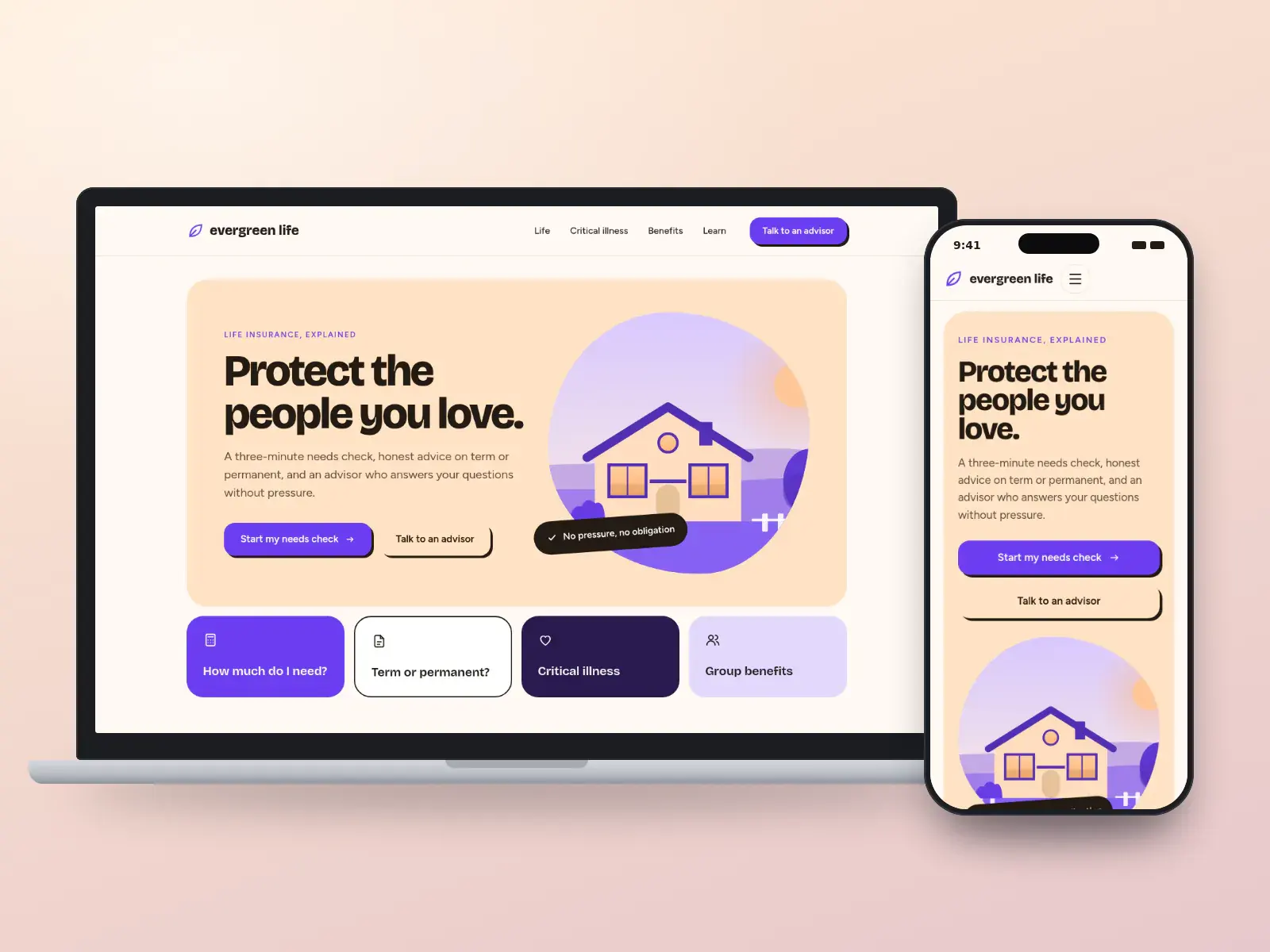 Evergreen Life, a violet and peach life insurance website with big friendly type, a rounded illustration of a family home and colourful topic tiles, shown on a laptop and a phone.