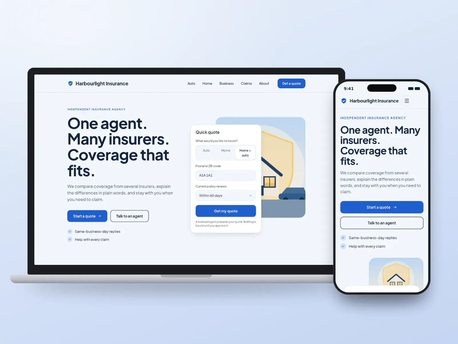 Harbourlight Insurance, a harbour blue insurance agency website with a quick quote card over an illustration of a house and car under a shield, shown on a laptop and a phone.