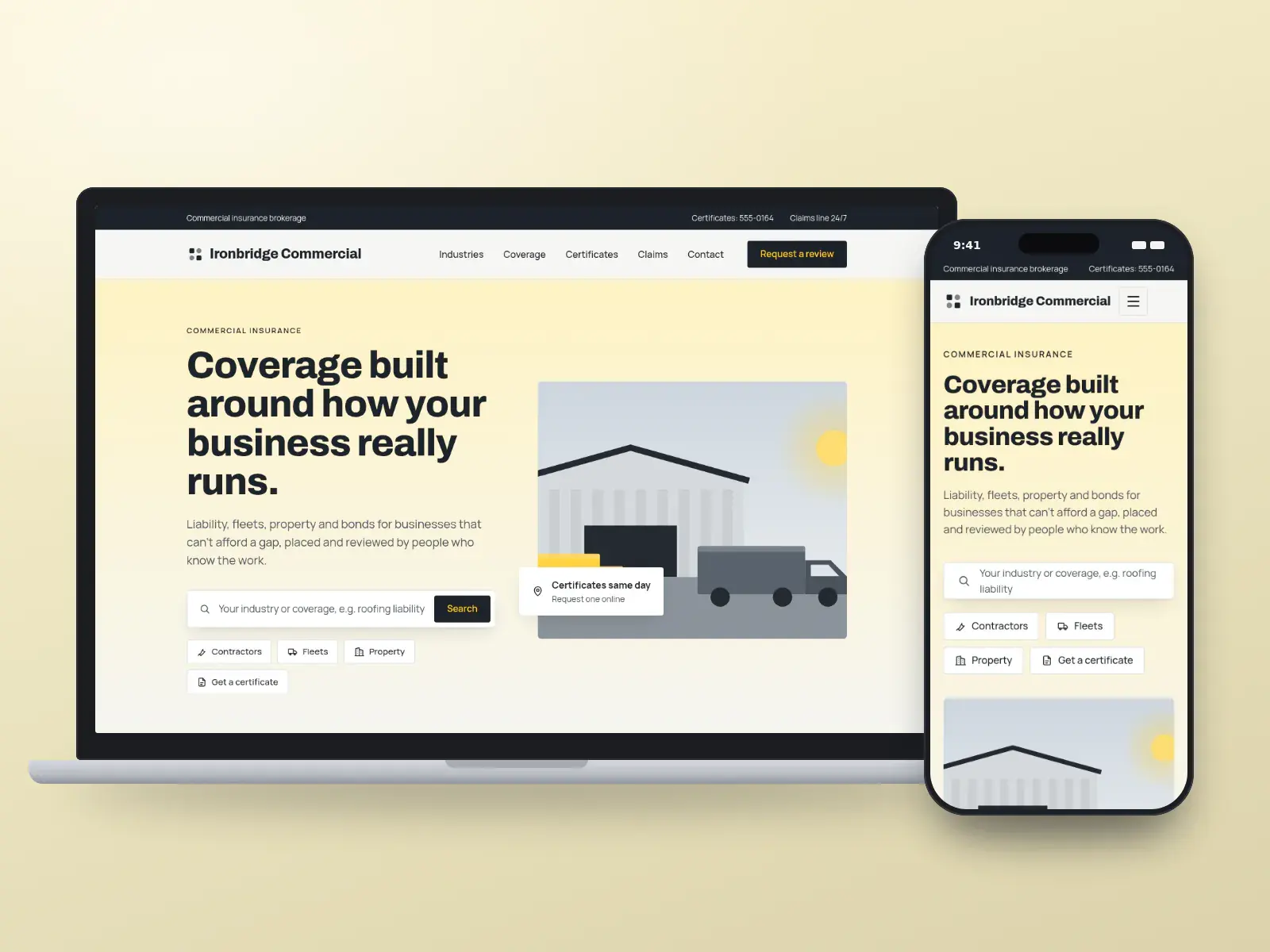 Ironbridge Commercial, a slate and safety yellow commercial insurance website with a search, industry quick links and an illustration of trucks at a warehouse, shown on a laptop and a phone.