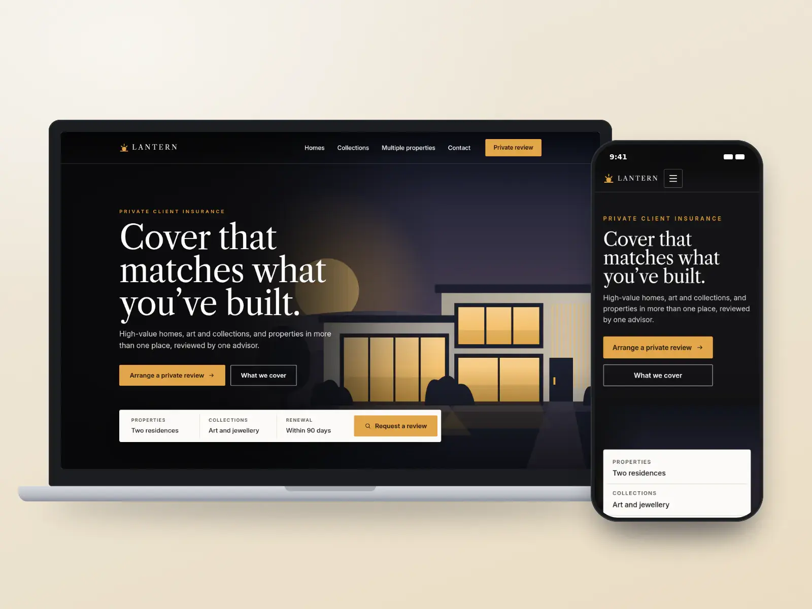 Lantern Private Client, a dark luxury insurance website with a full-width dusk illustration of a modern home, a serif headline and a private review bar, shown on a laptop and a phone.